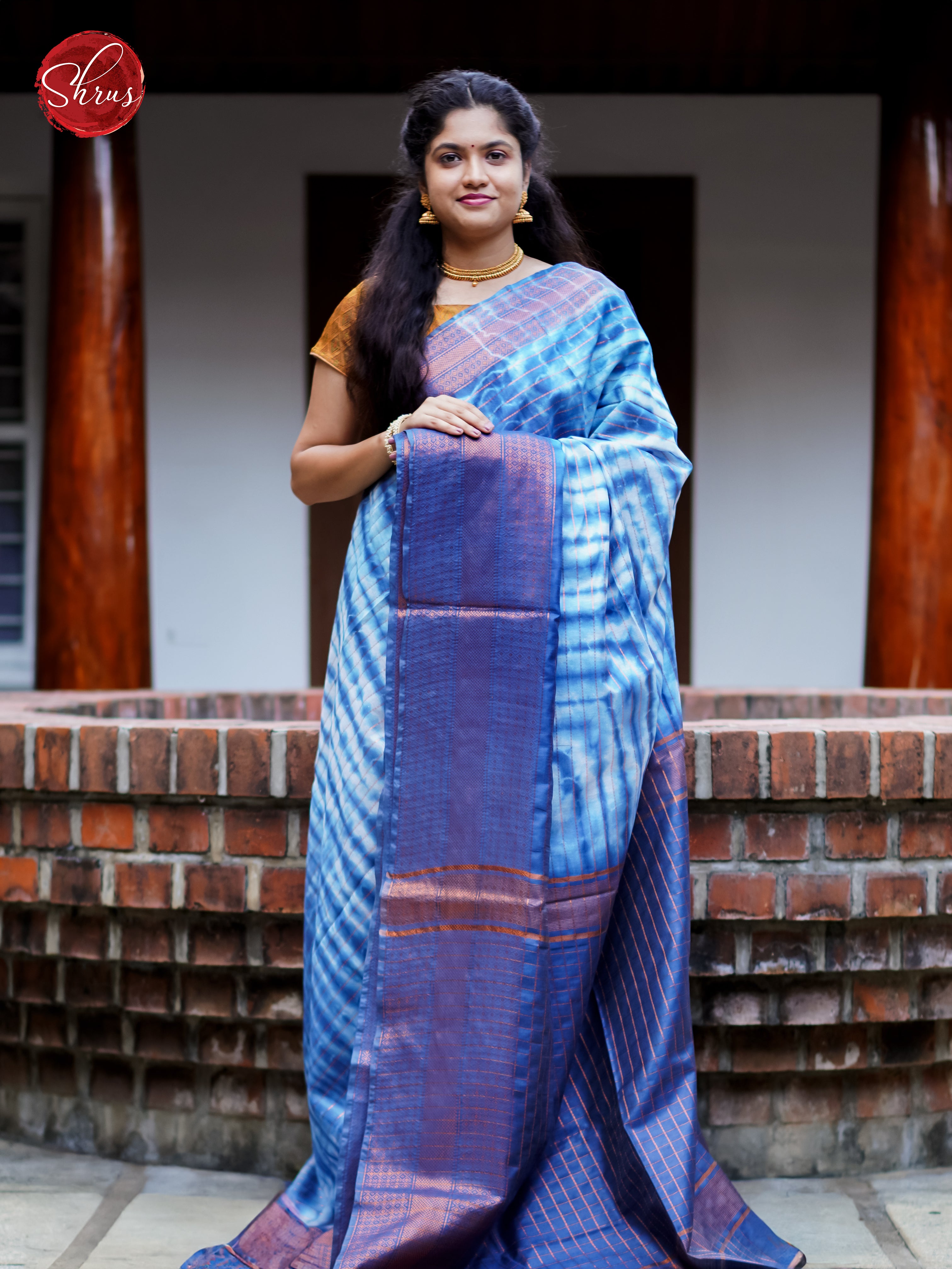 Cream & Blue - Shibori Saree - Shop on ShrusEternity.com