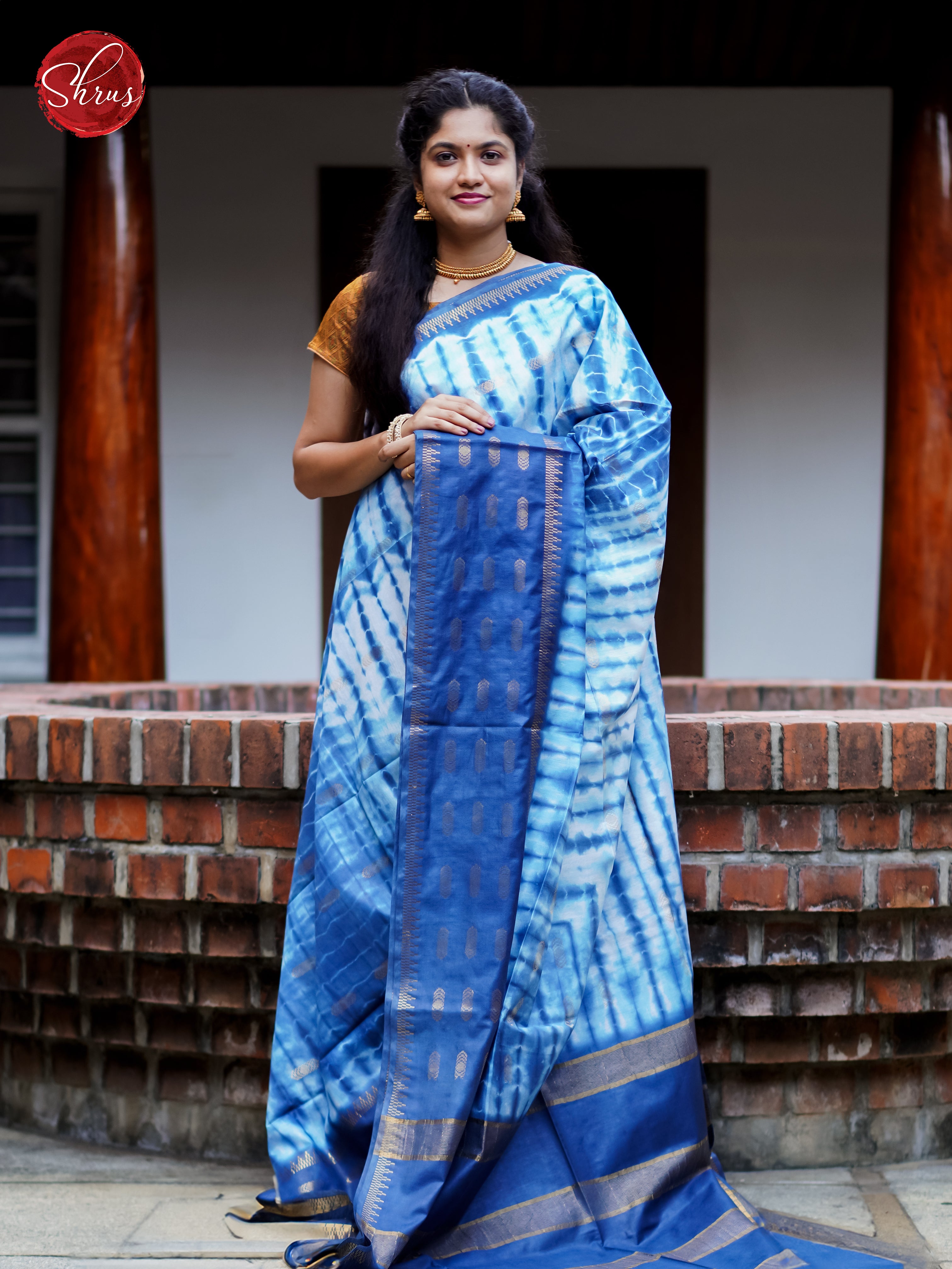 Cream & Blue - Shibori Saree - Shop on ShrusEternity.com