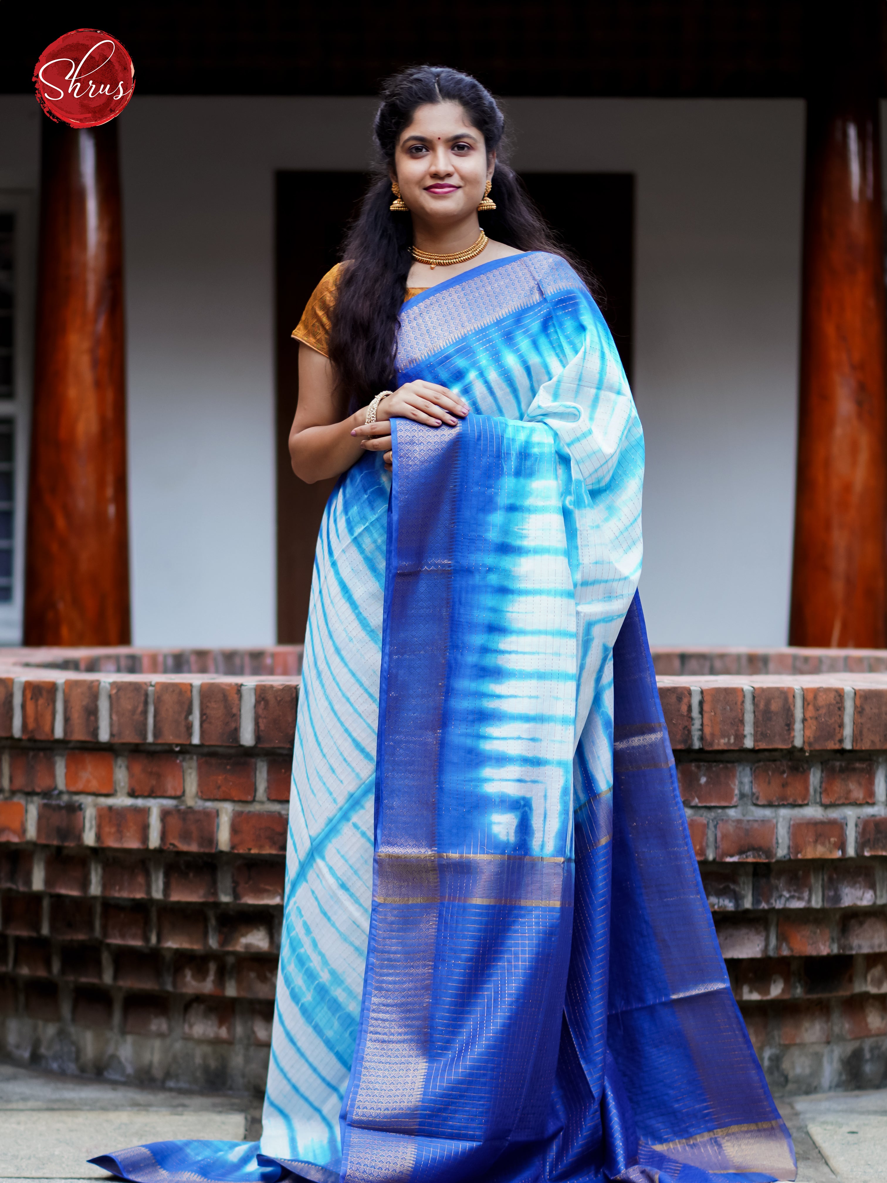 Cream & Blue - Shibori Saree - Shop on ShrusEternity.com