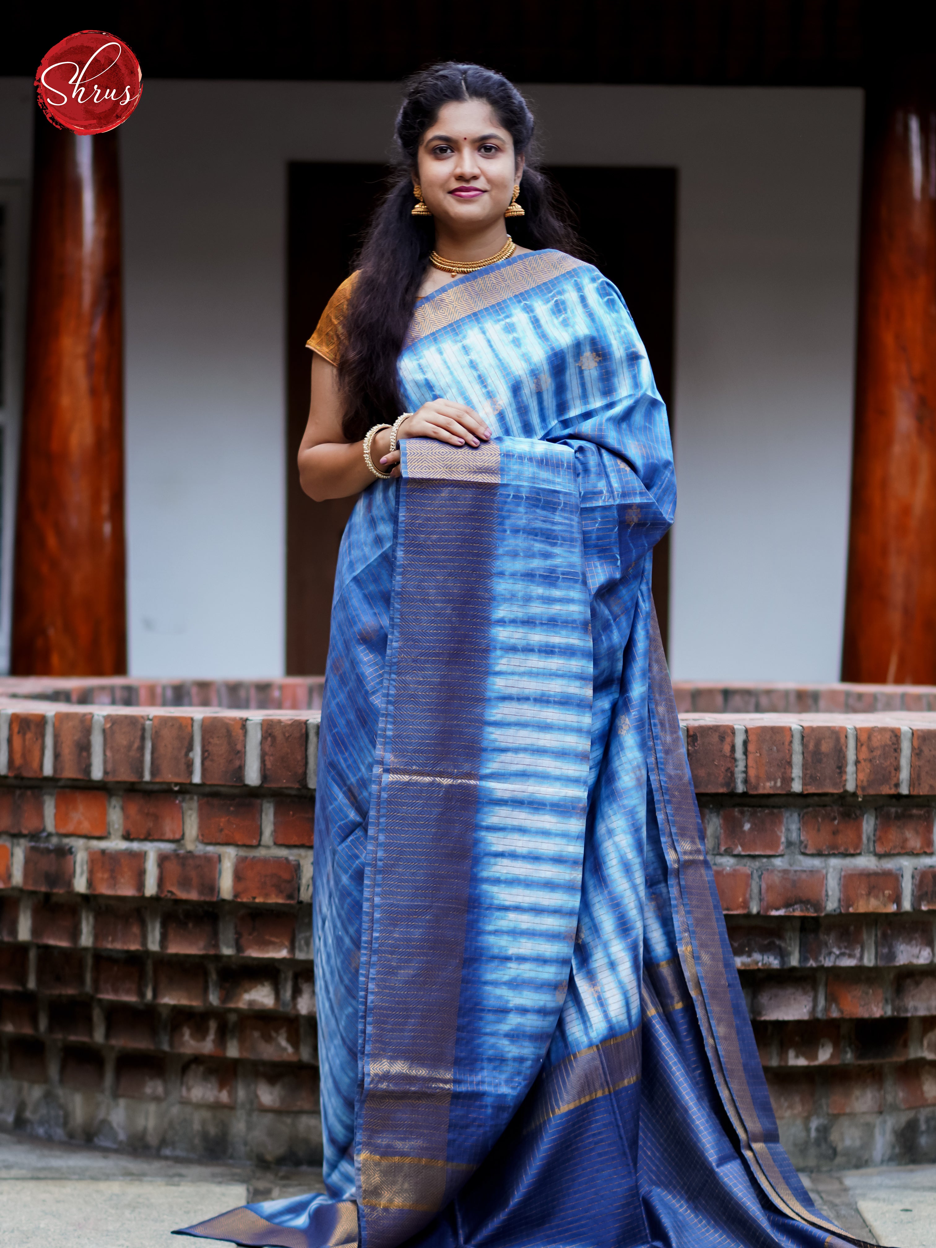 Cream & Blue - Shibori Saree - Shop on ShrusEternity.com