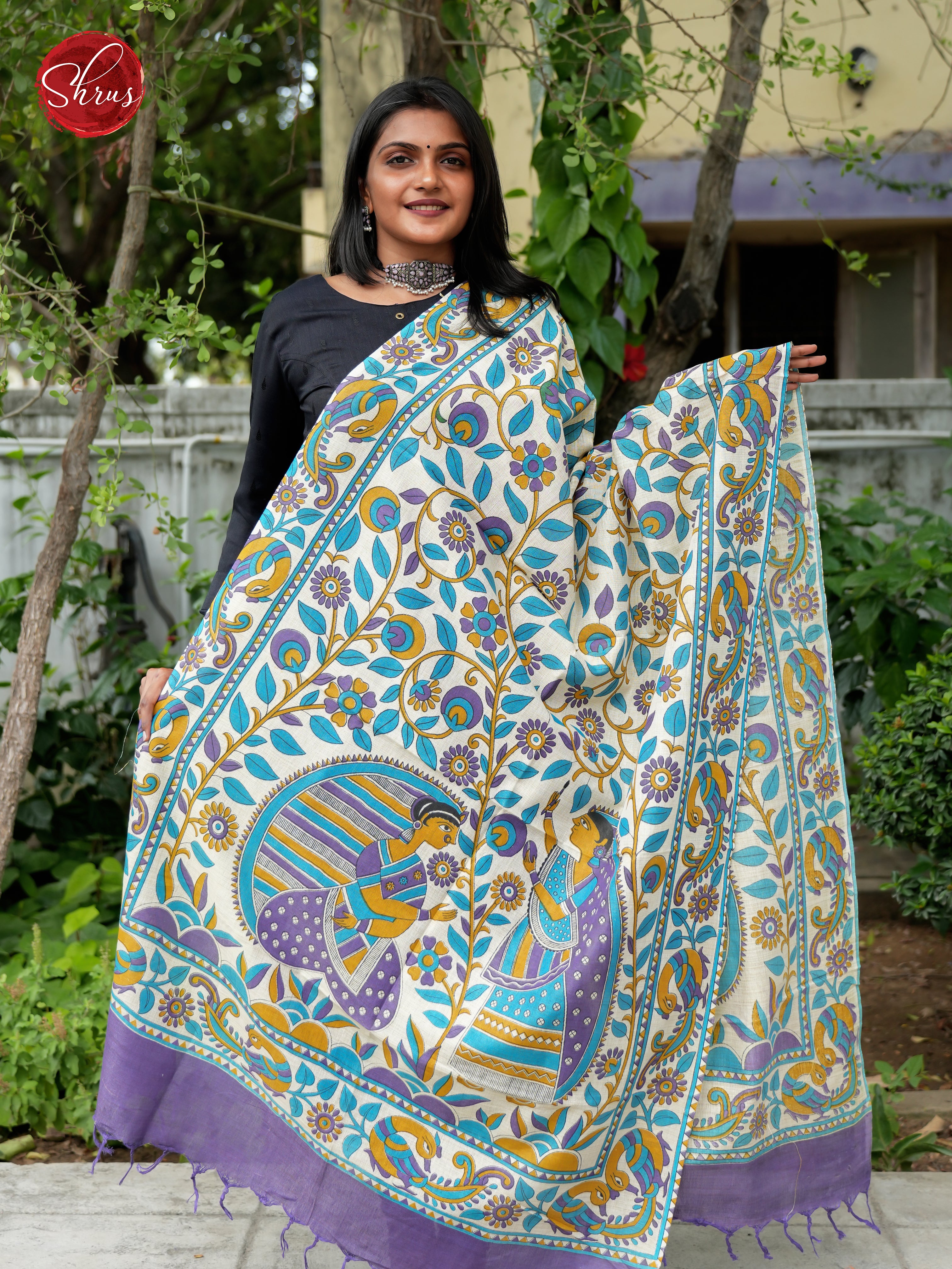 Cream & Lavender - Madhubani Printed Cotton Dupatta - Shop on ShrusEternity.com