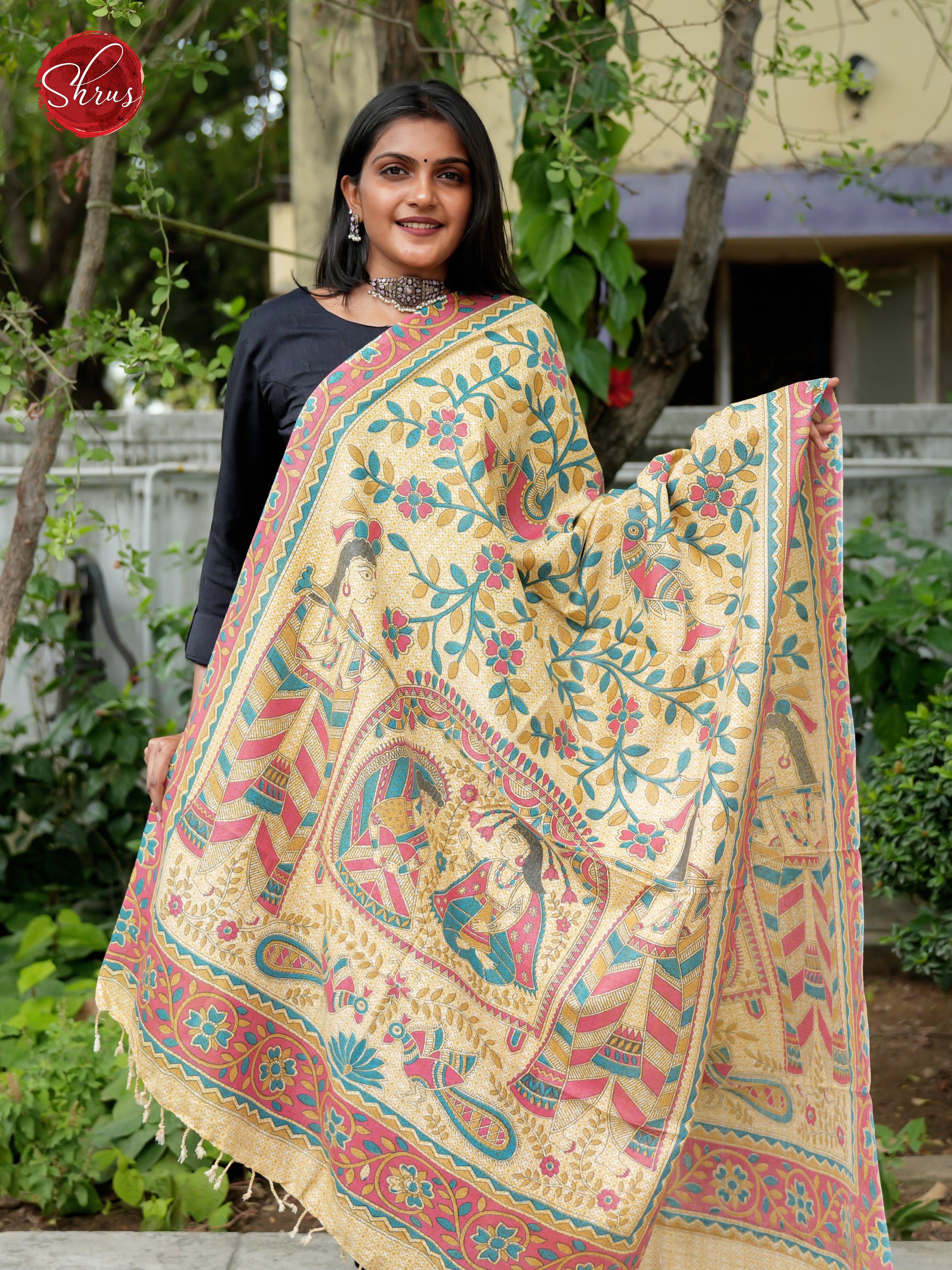 Cream & Pink- Madhubani Printed Cotton Dupatta - Shop on ShrusEternity.com