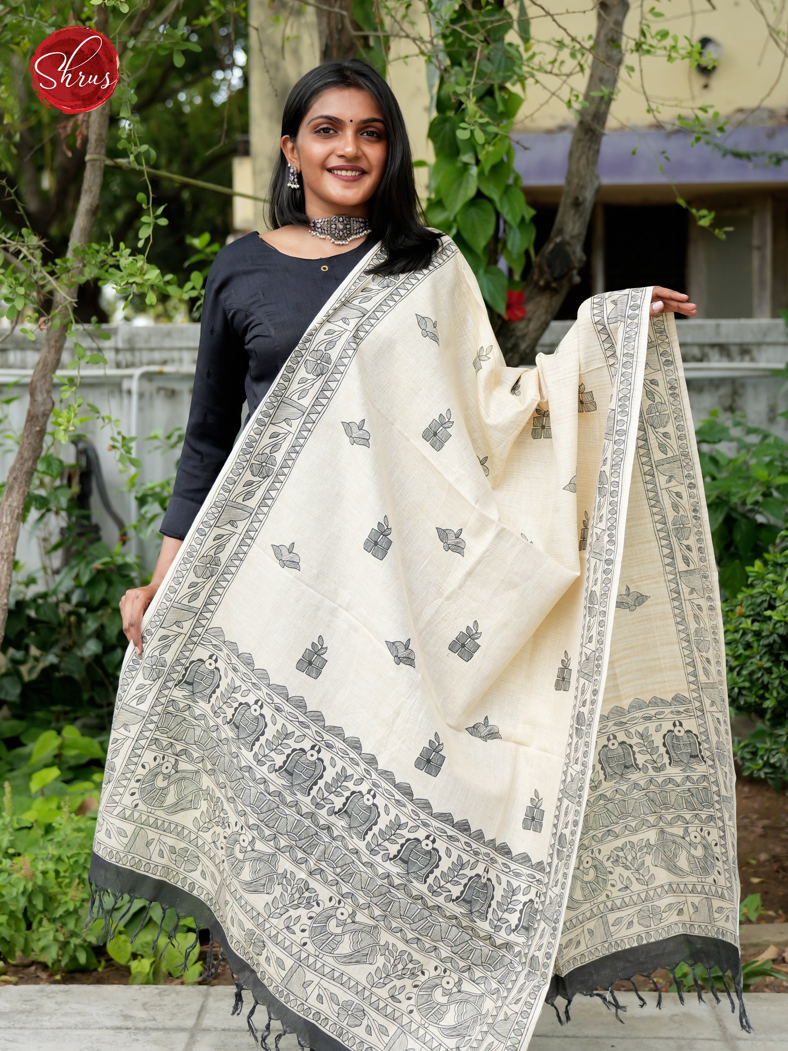 Cream & Black - Madhubani Printed Cotton Dupatta - Shop on ShrusEternity.com