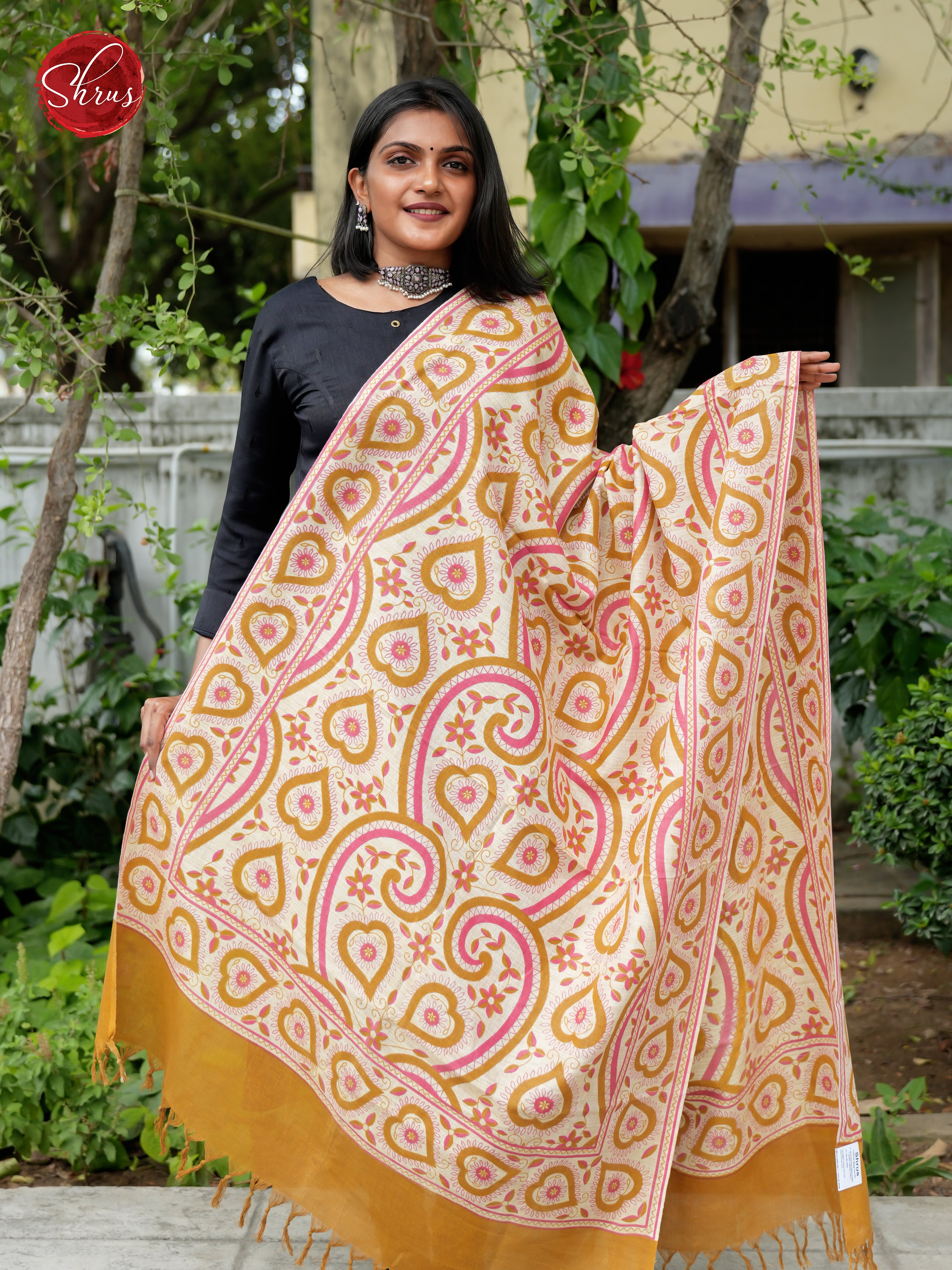 Cream & Mustard- Madhubani Printed Cotton Dupatta - Shop on ShrusEternity.com