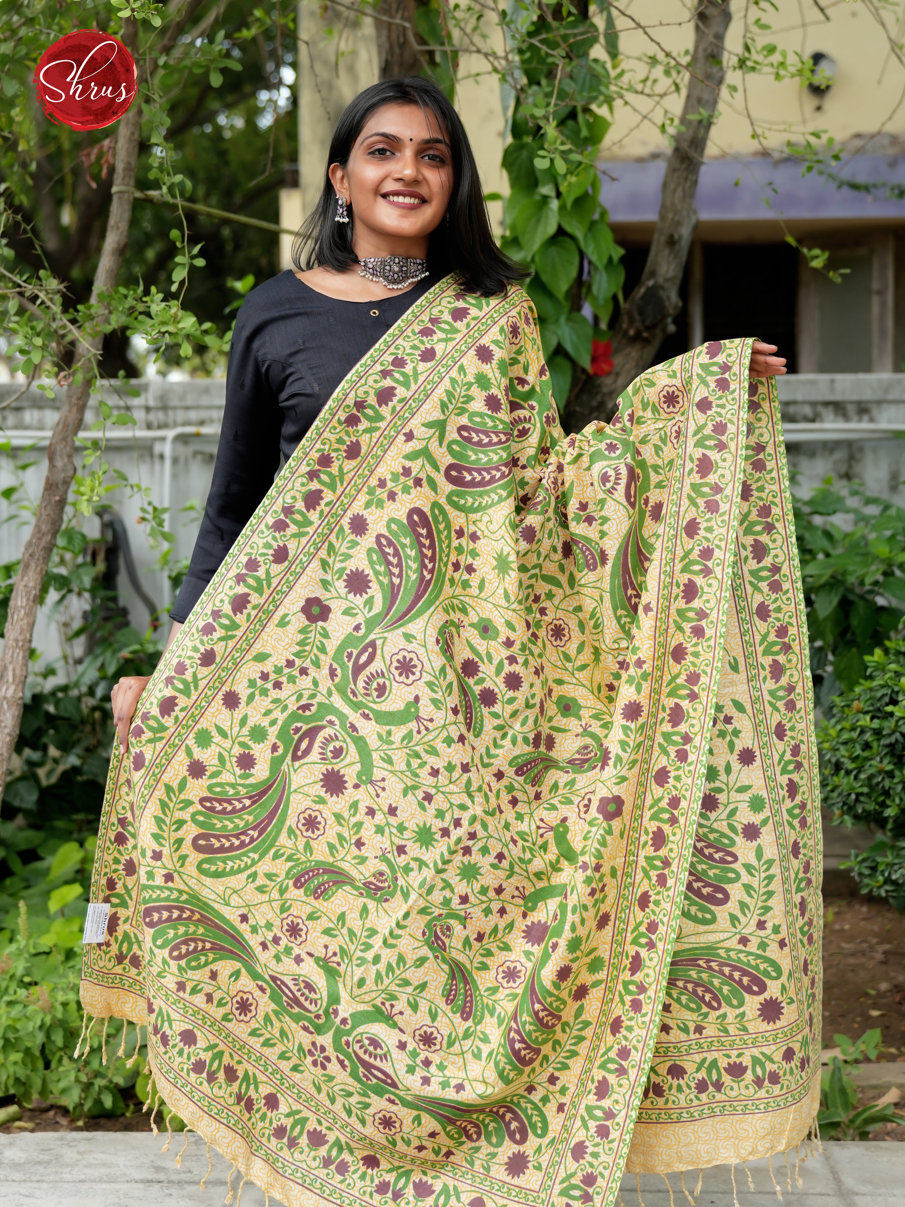 Cream & Green -Madhubani Printed Cotton Dupatta - Shop on ShrusEternity.com