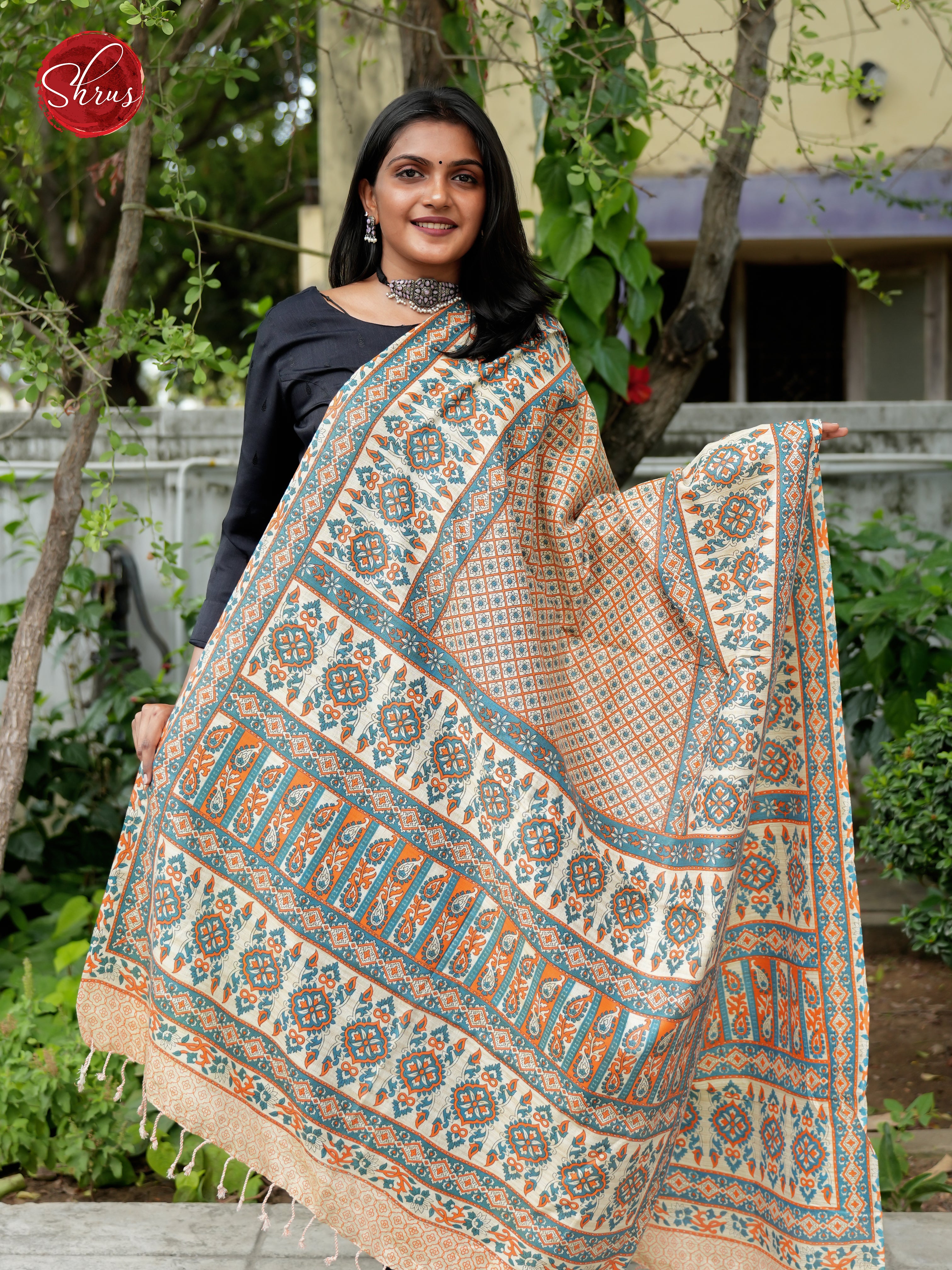 Cream & Orange - Madhubani Printed Cotton Dupatta - Shop on ShrusEternity.com