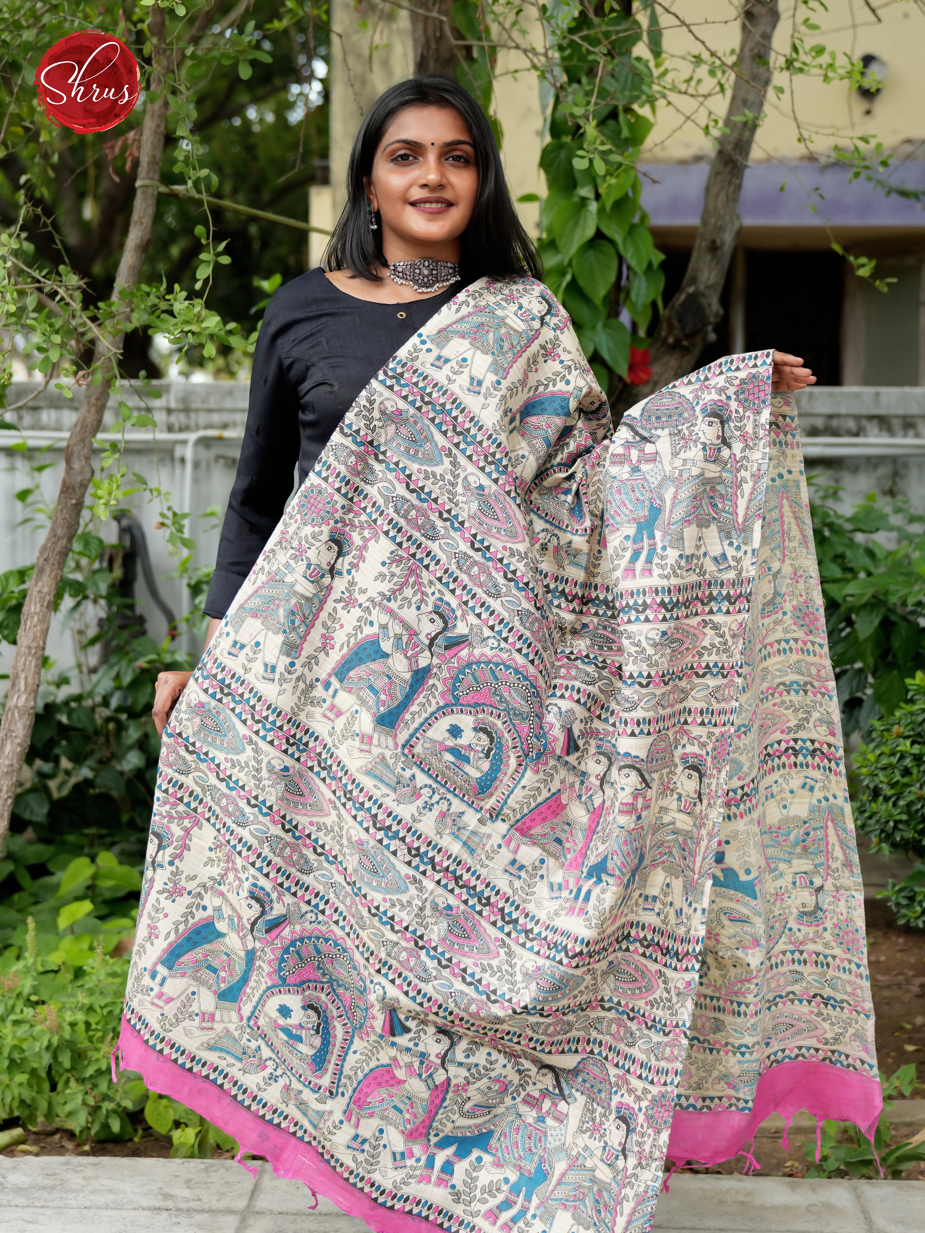 Cream & Pink - Madhubani Printed Cotton Dupatta - Shop on ShrusEternity.com