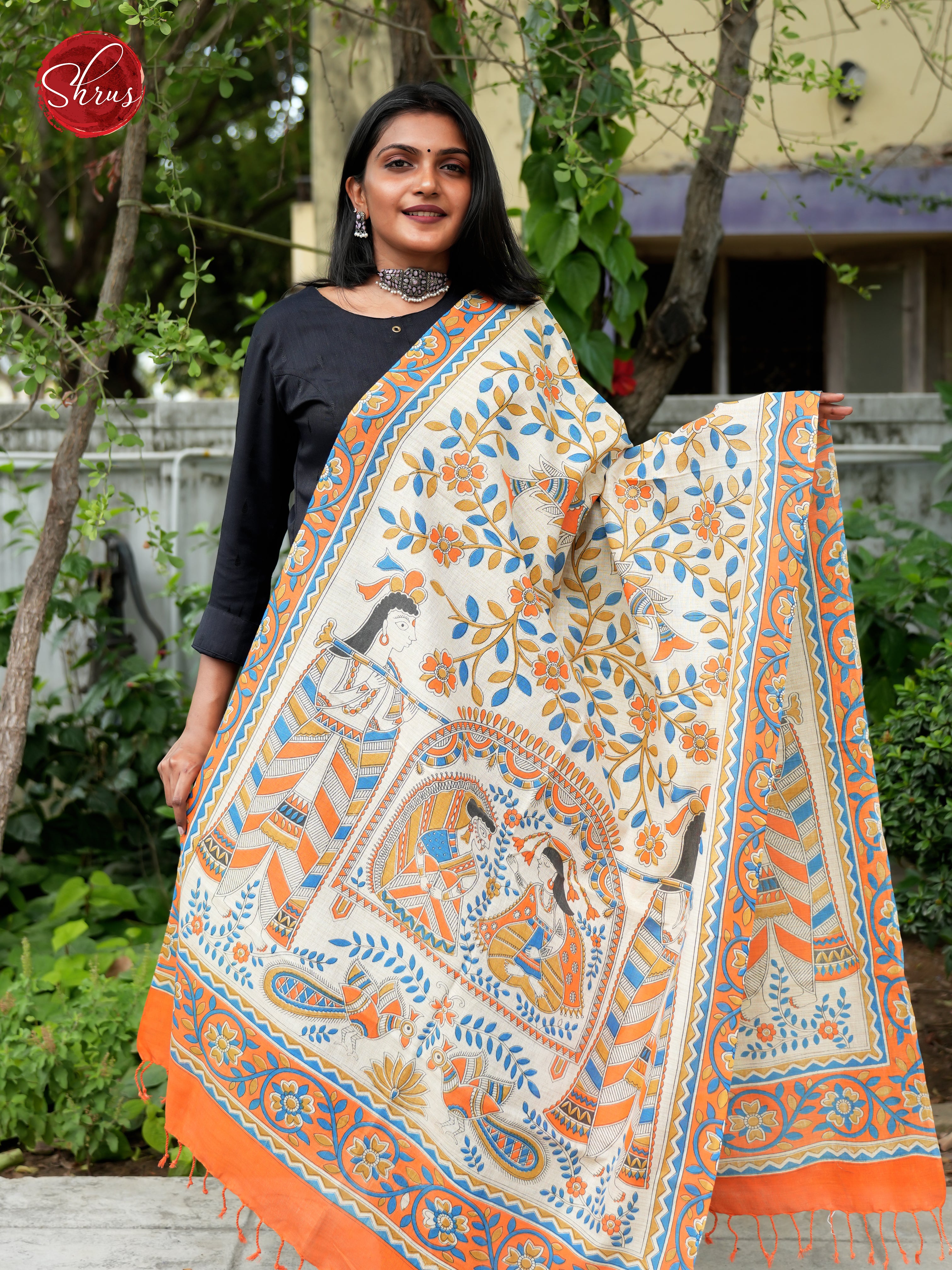 Cream & Orange -Madhubani Printed Cotton Dupatta - Shop on ShrusEternity.com