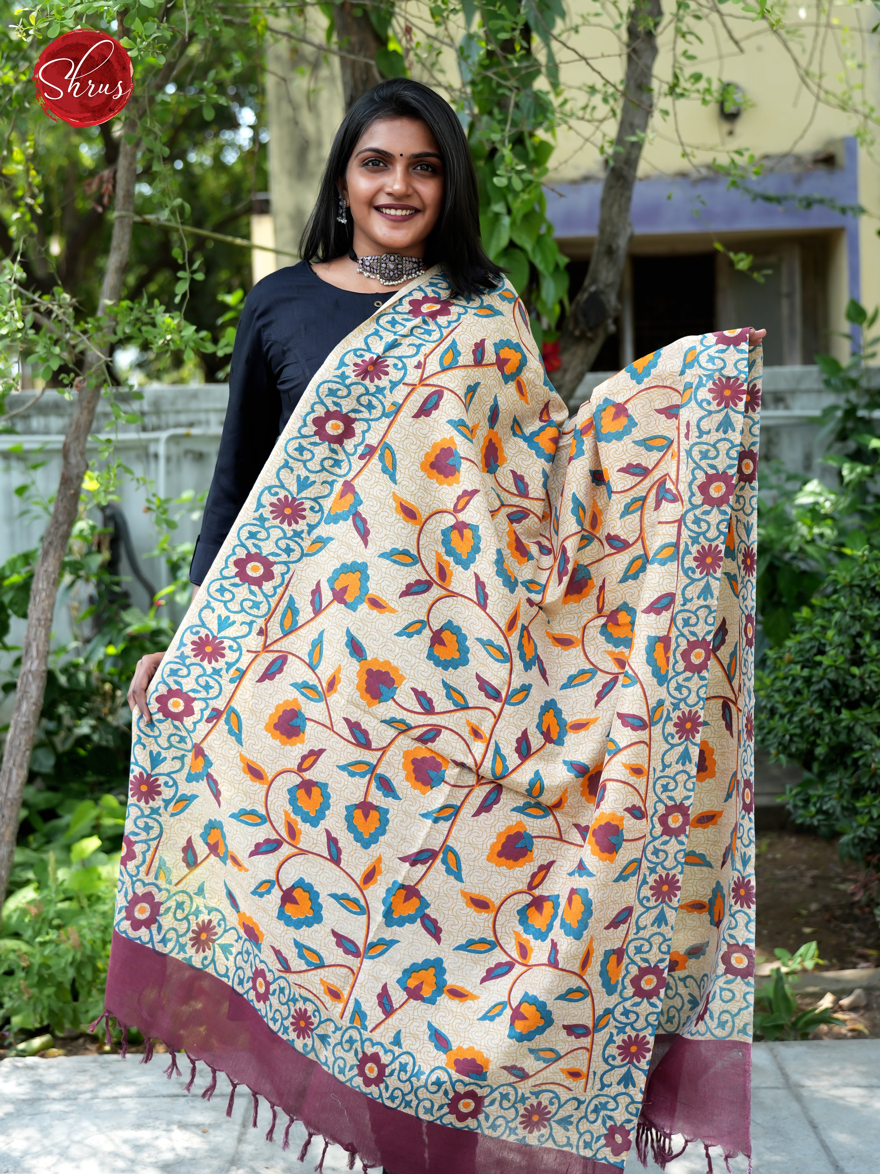 Cream & Wine -Madhubani Printed Cotton Dupatta - Shop on ShrusEternity.com