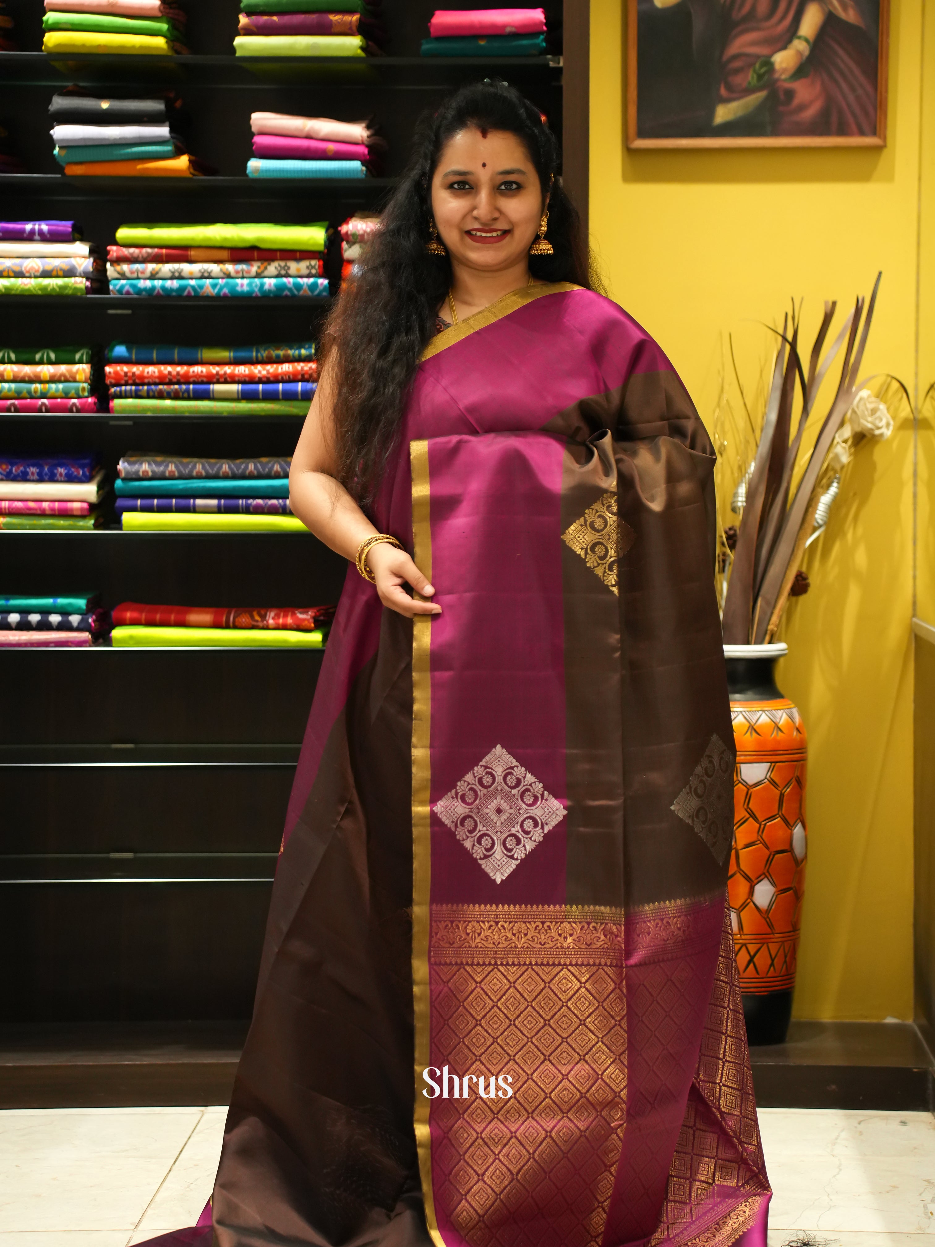 Brown & Wine- Soft Silk Saree - Shop on ShrusEternity.com