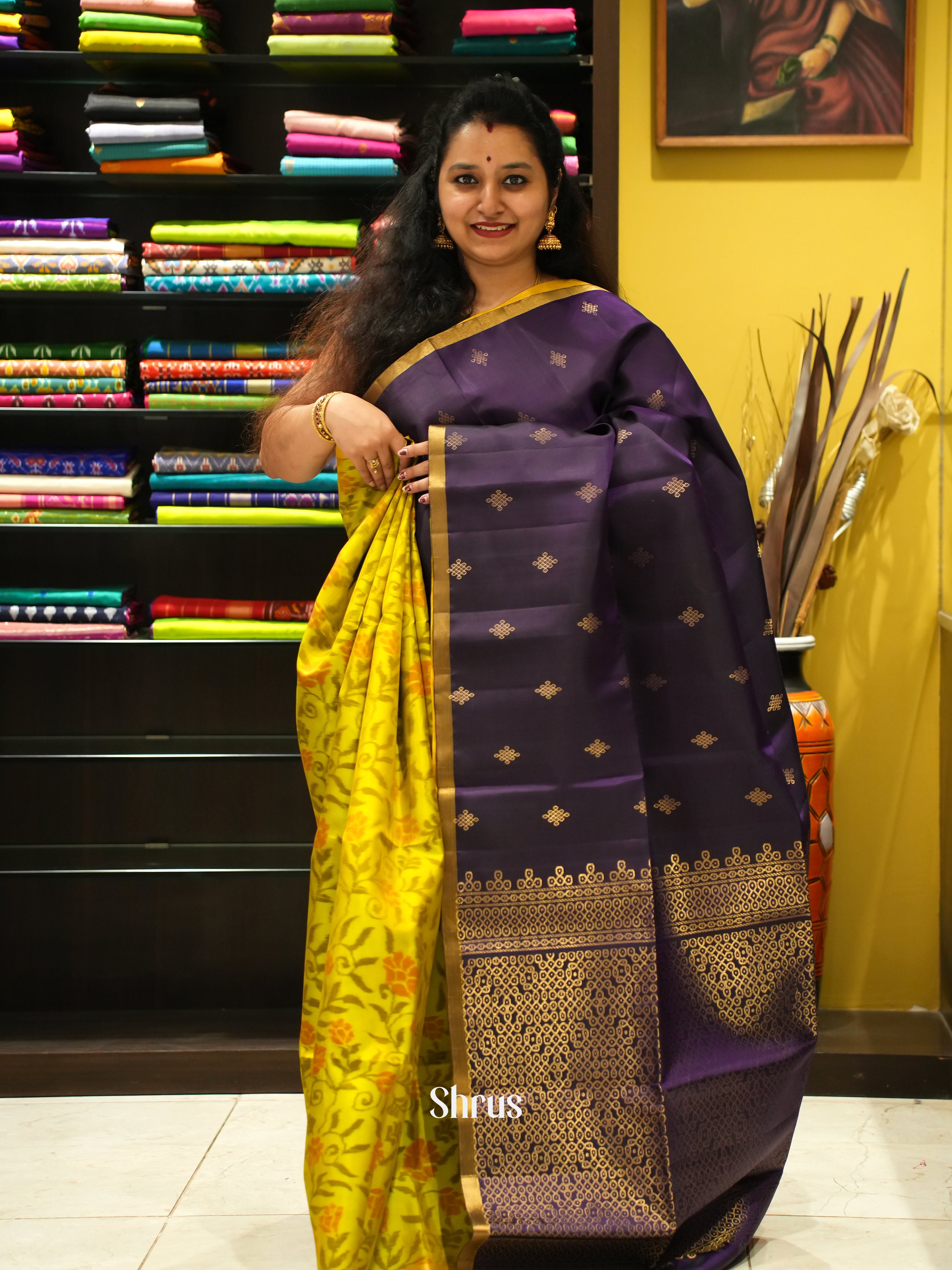 Violet & Yellow - Soft Silk Saree - Shop on ShrusEternity.com