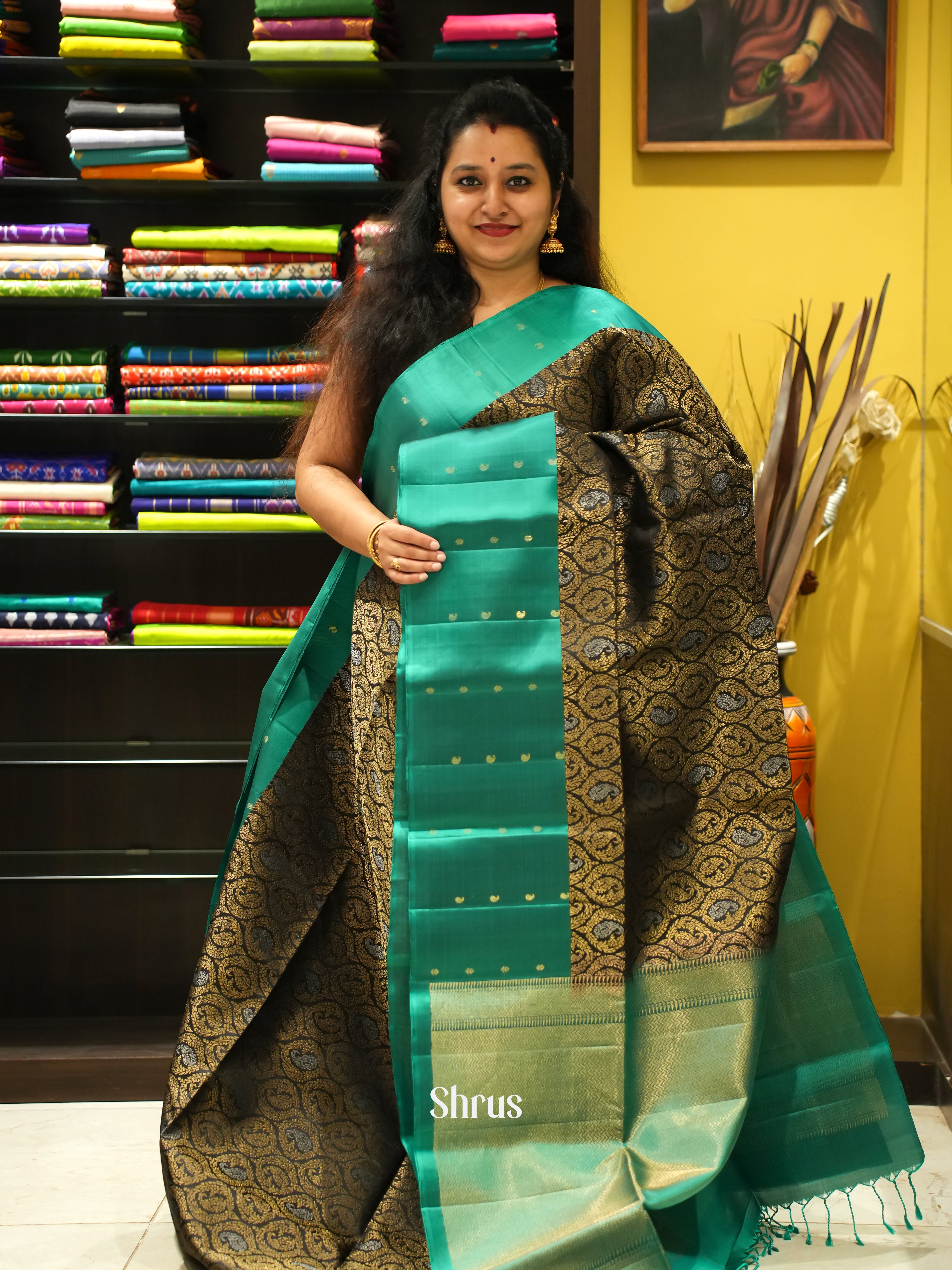 Black & Green - Soft Silk Saree - Shop on ShrusEternity.com
