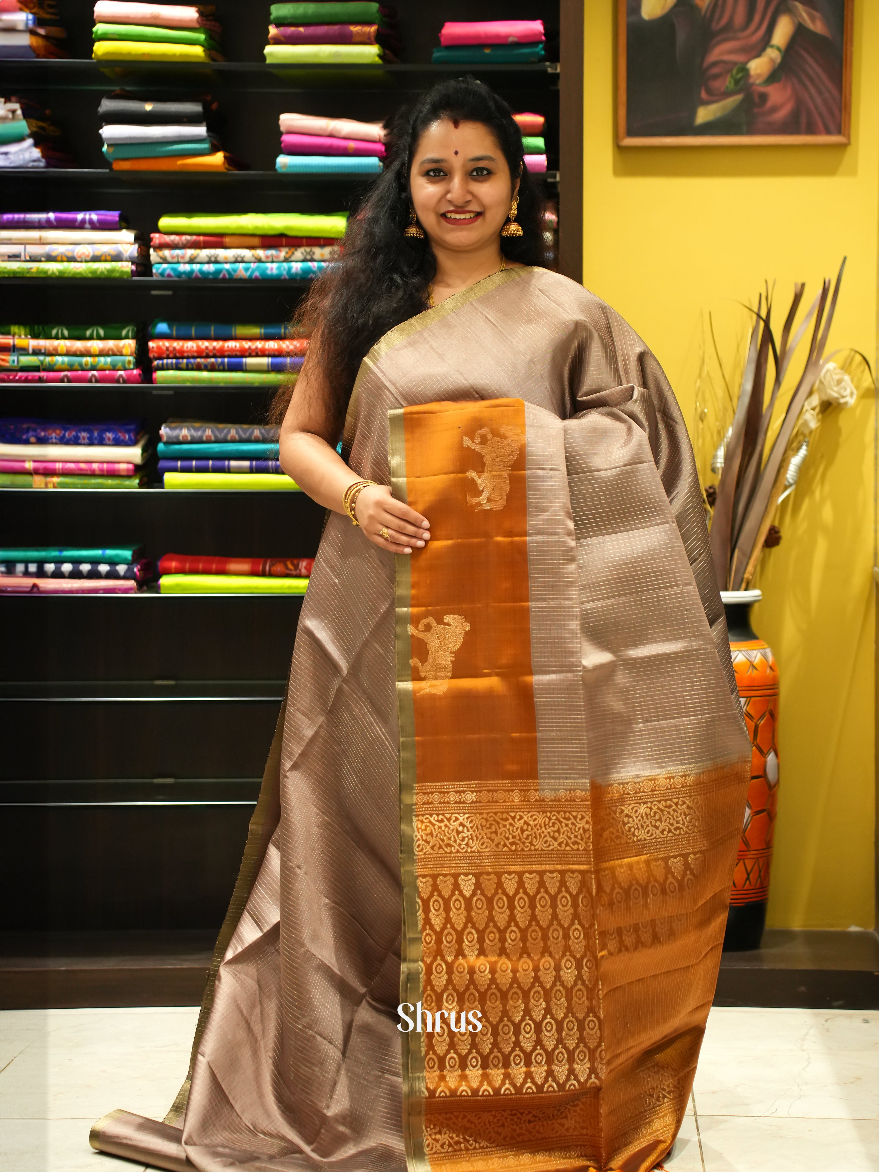 Dusty Brown & Orange - Soft Silk Saree - Shop on ShrusEternity.com
