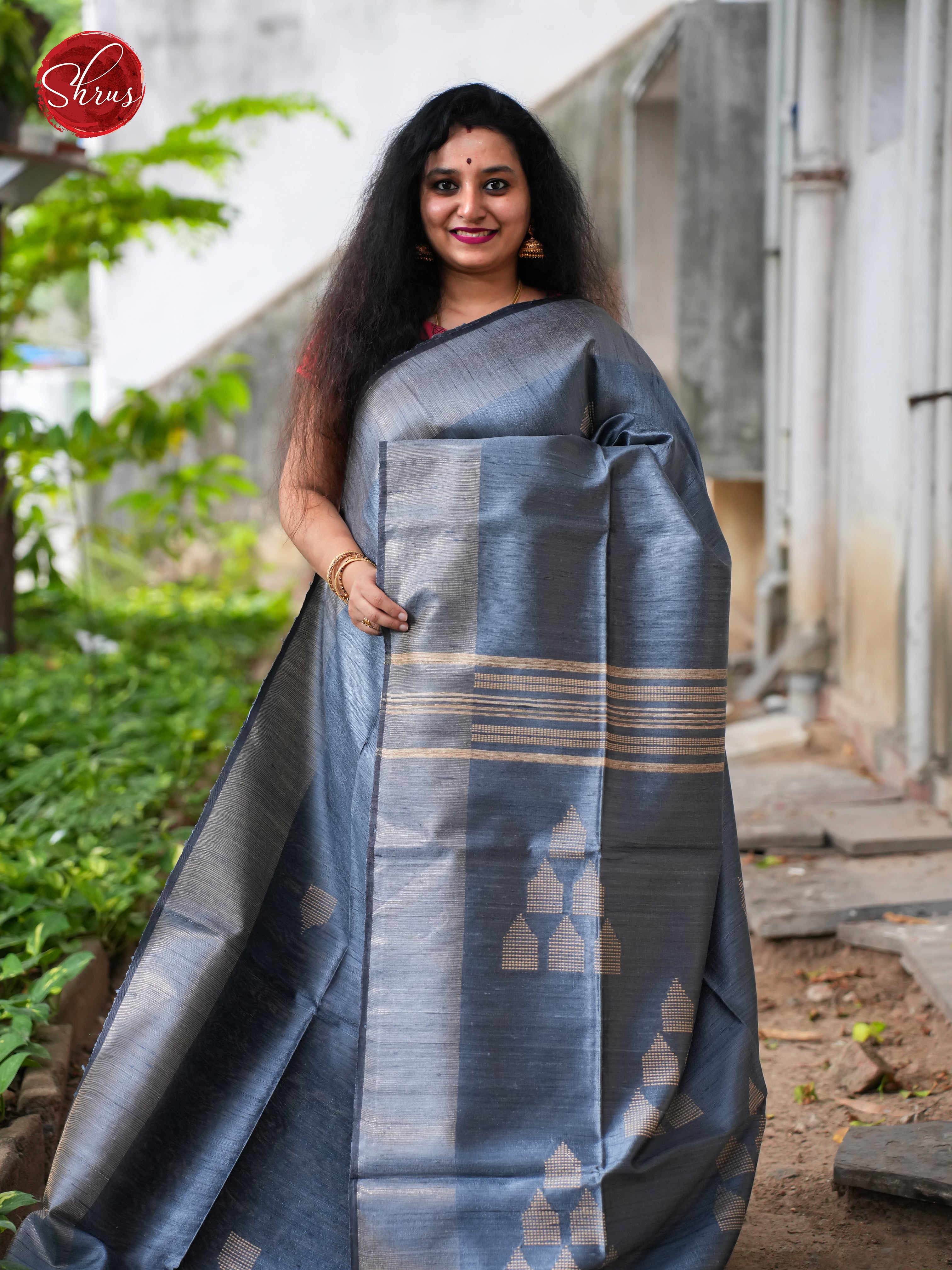 Greyish Blue(Single Tone) - Tussar Saree - Shop on ShrusEternity.com