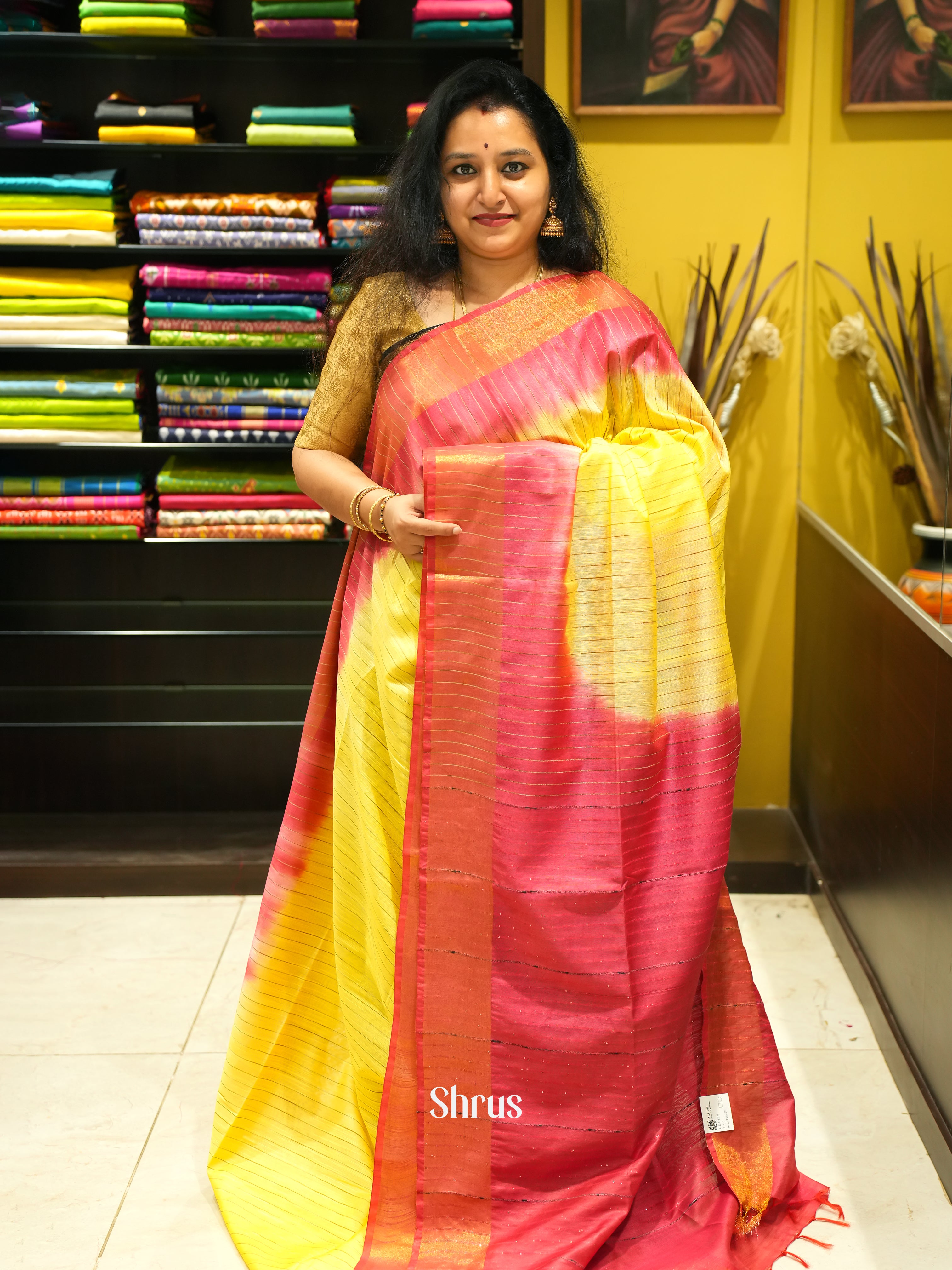 Yellow & Red - Semi Tussar Saree - Shop on ShrusEternity.com