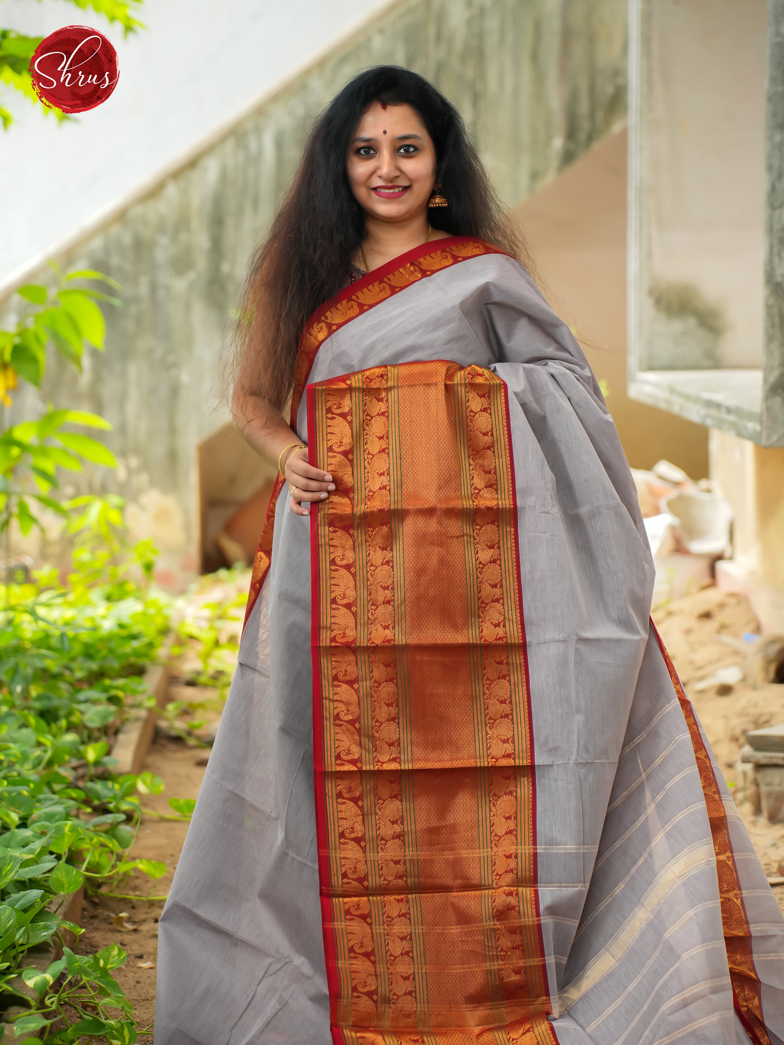 Grey & Red - Narayanpet Cotton Saree - Shop on ShrusEternity.com