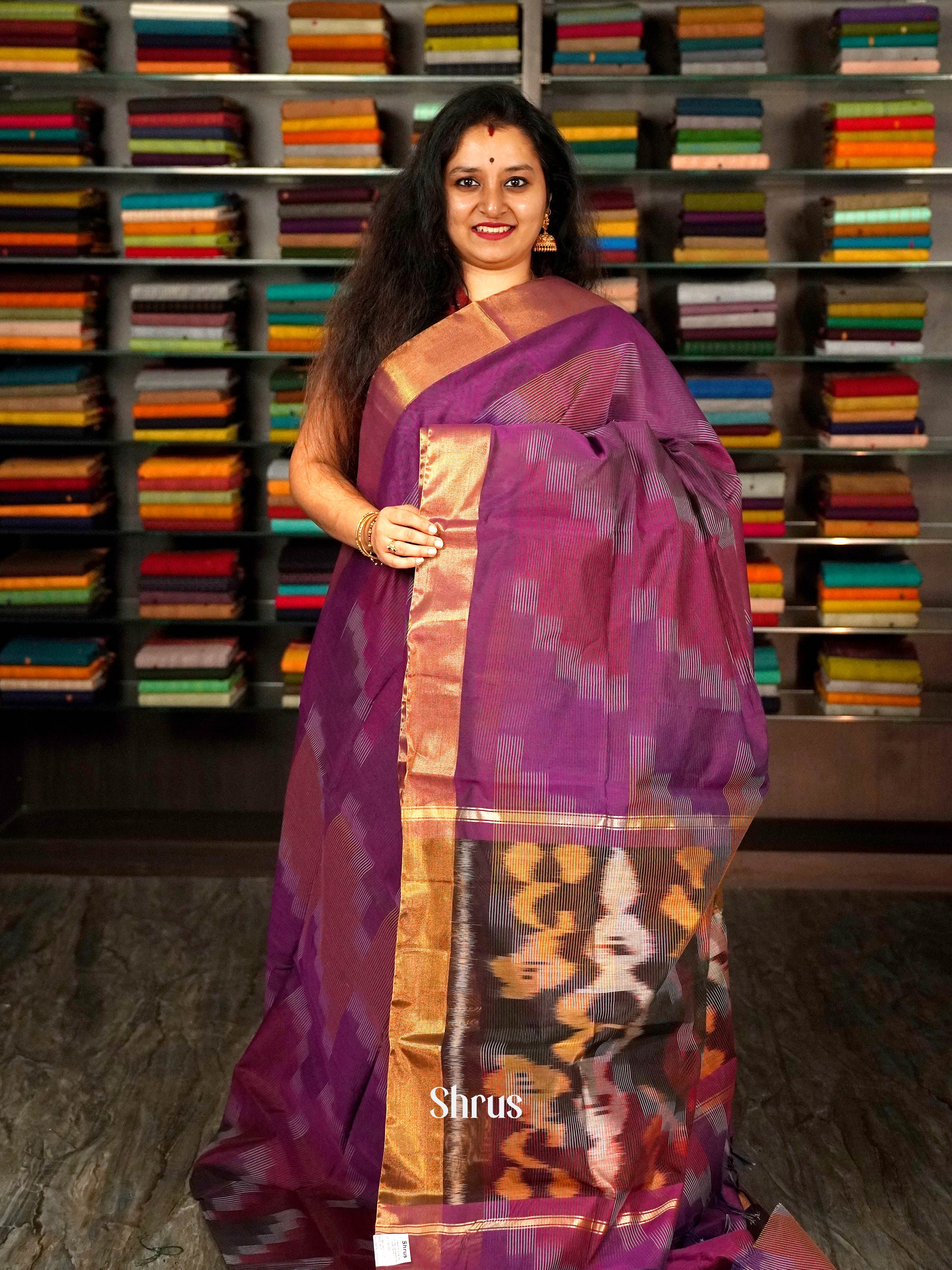 Purple - Ikkat Kora Saree - Shop on ShrusEternity.com