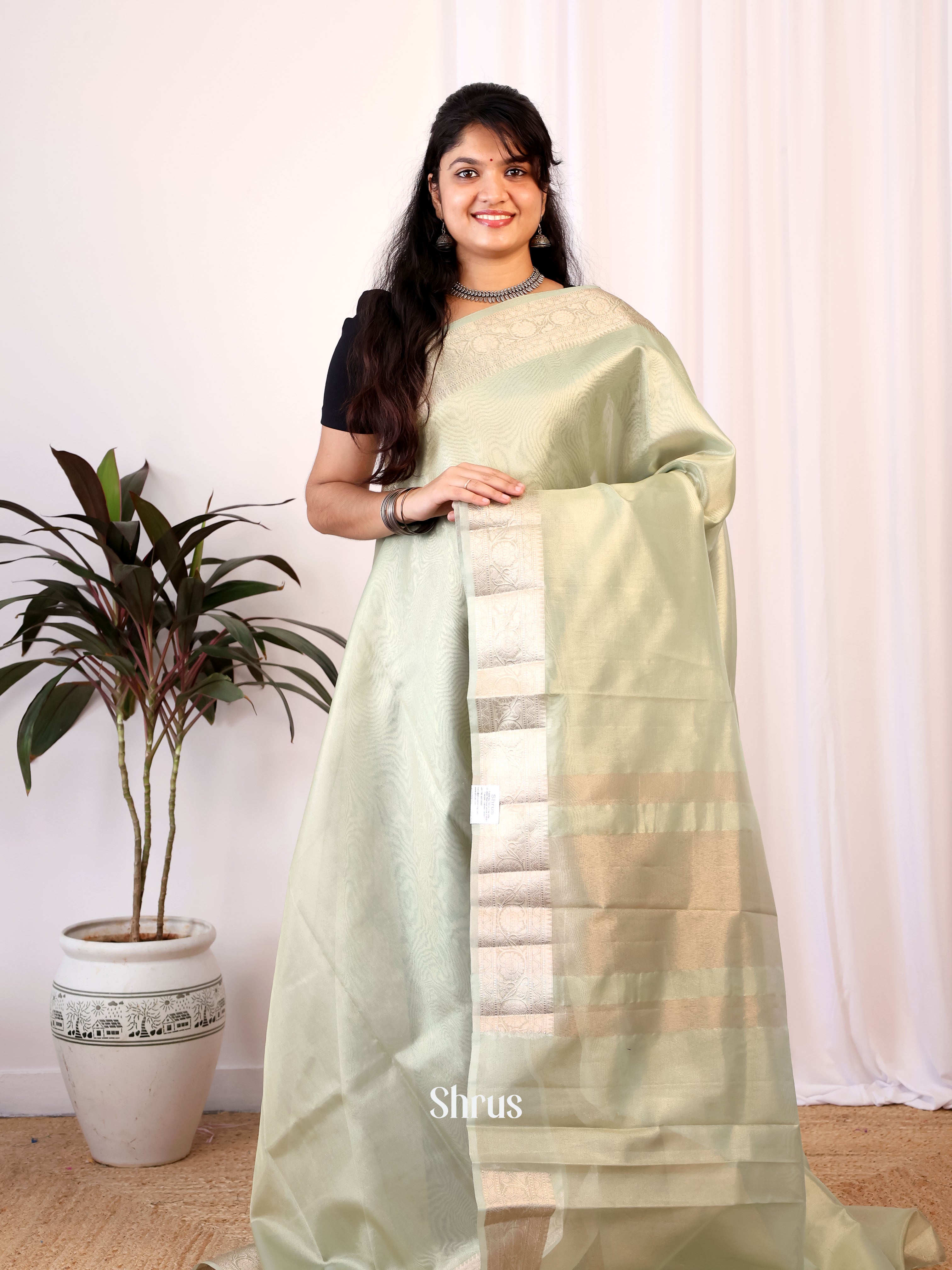 Pastel Green - Semi Tissue Saree - Shop on Shrus.com