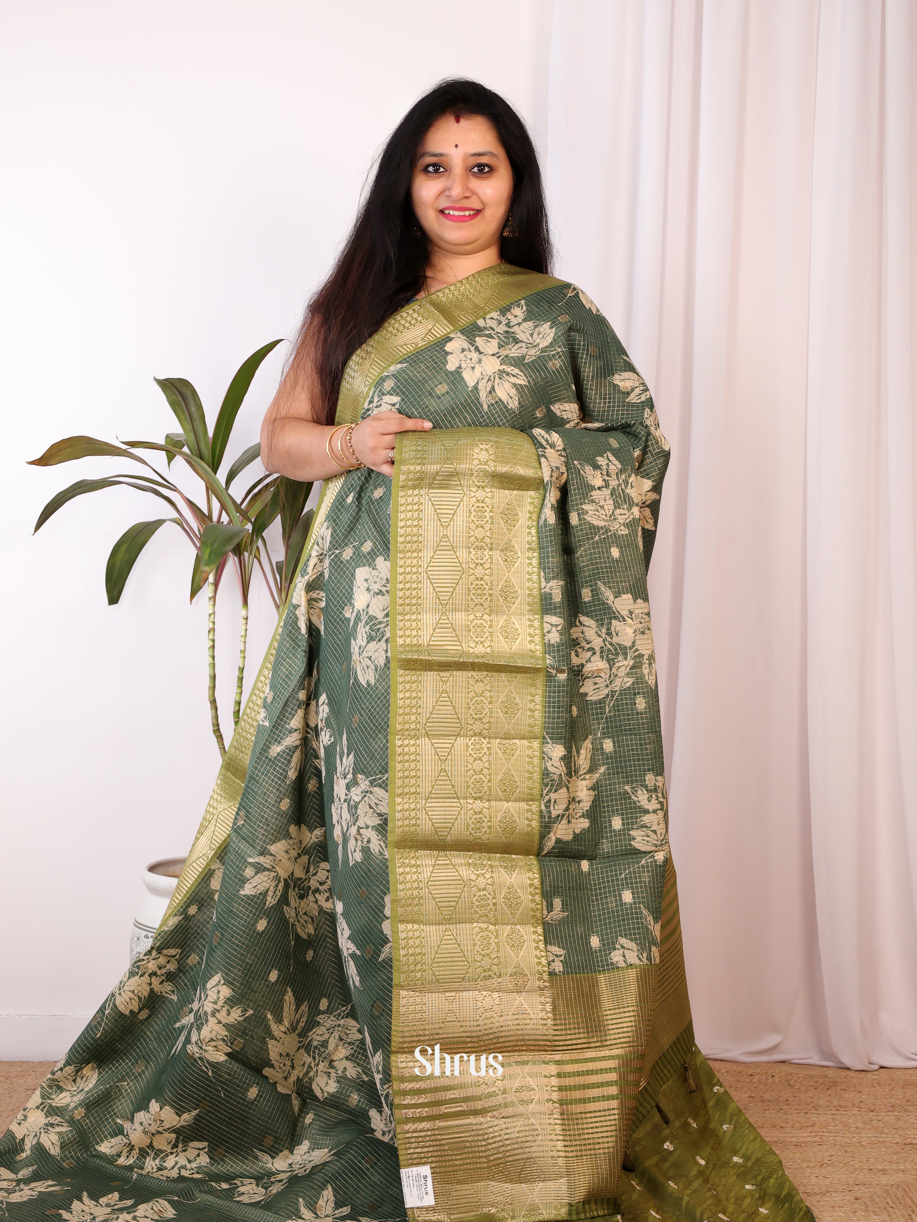 Green - Semi Chanderi Saree - Shop on Shrus.com
