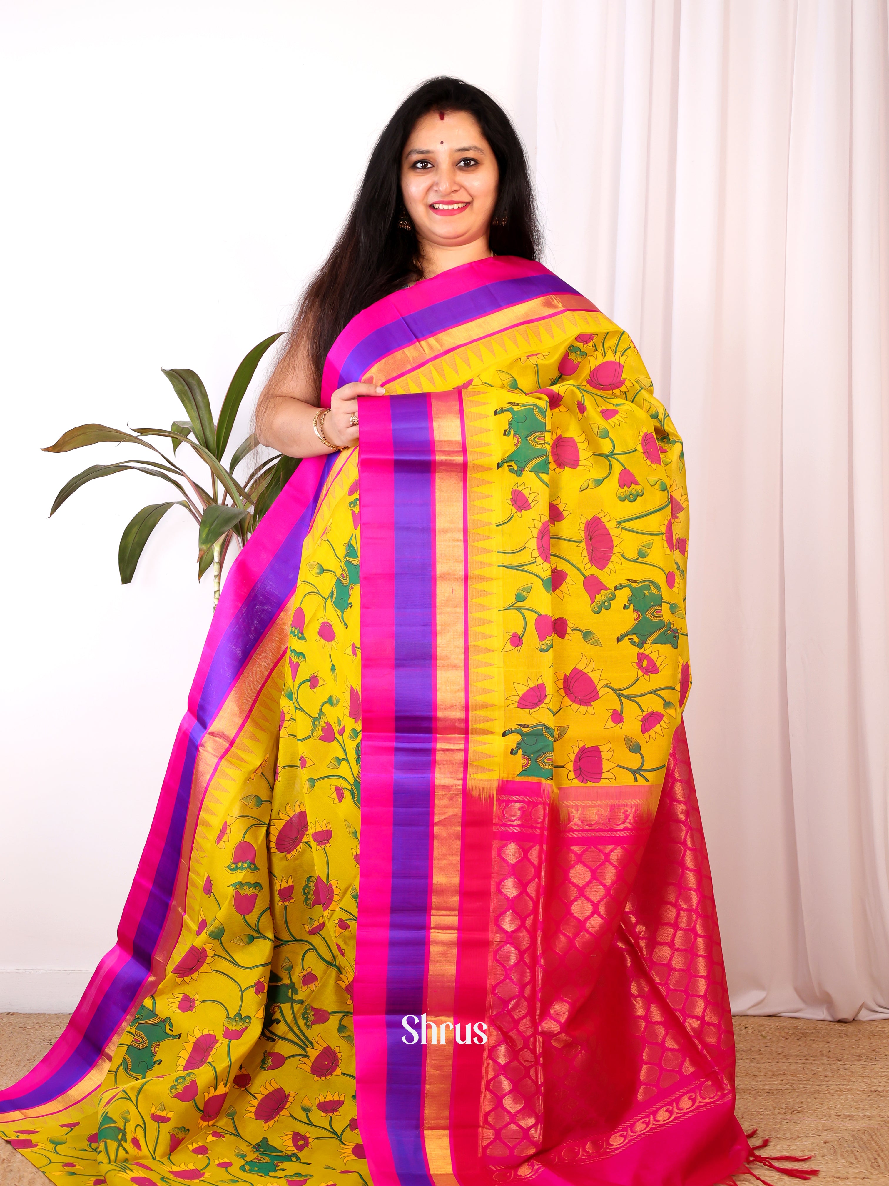 Yellow & Pink- Hindolam Saree - Shop on Shrus.com