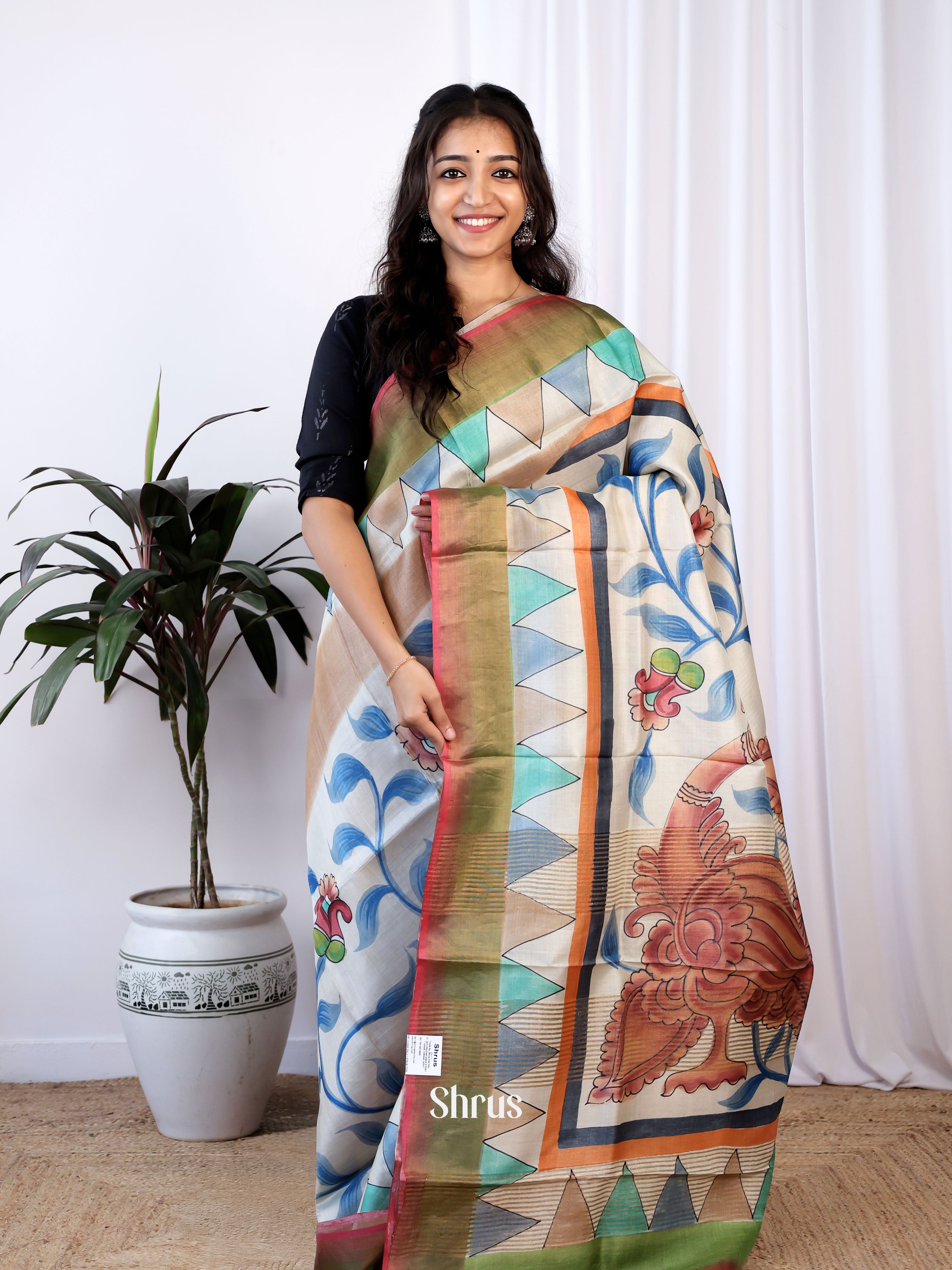 Handpainted Cream & Chickoo - Tussar Saree - Shop on Shrus.com