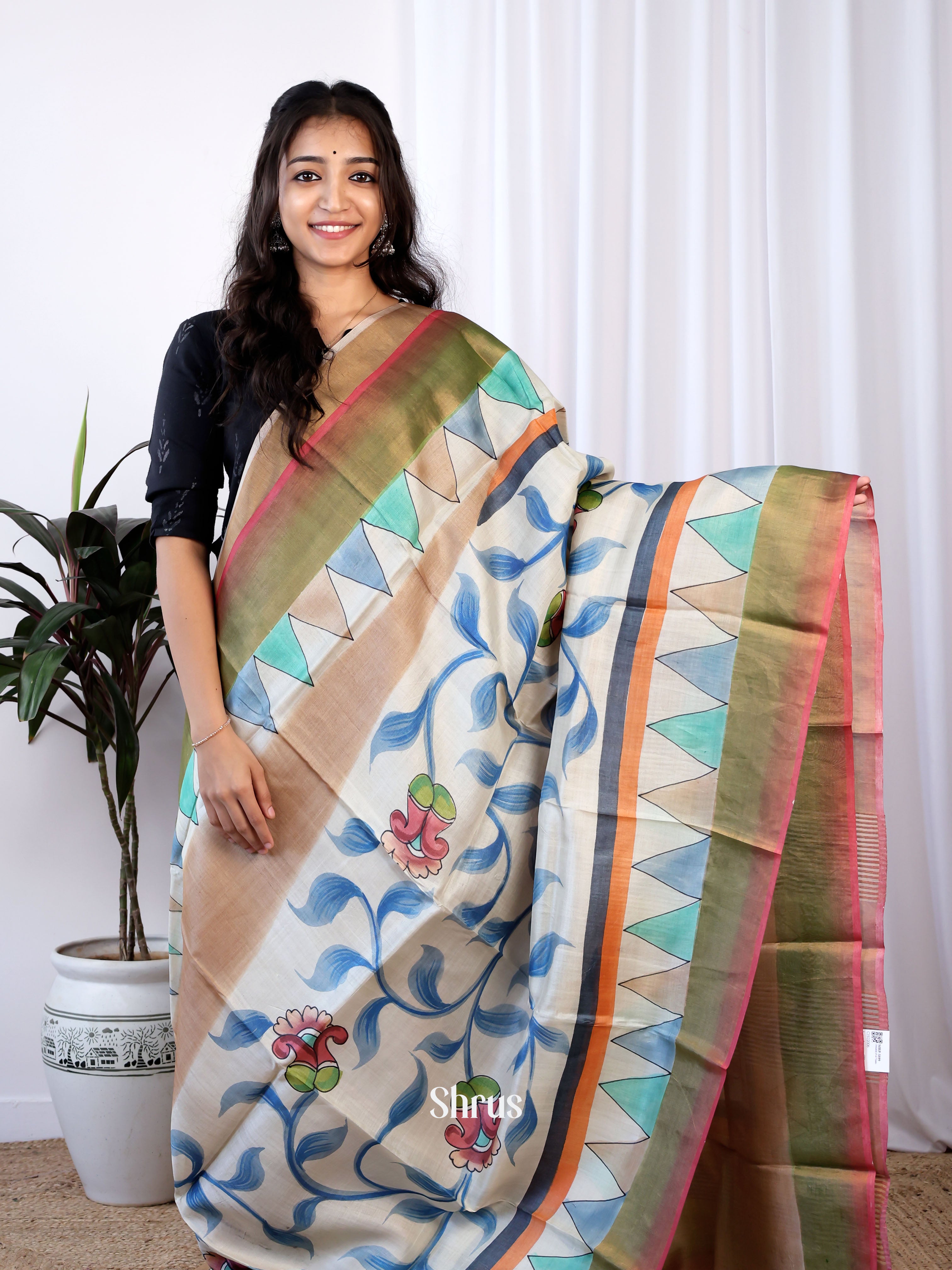 Handpainted Cream & Chickoo - Tussar Saree - Shop on Shrus.com