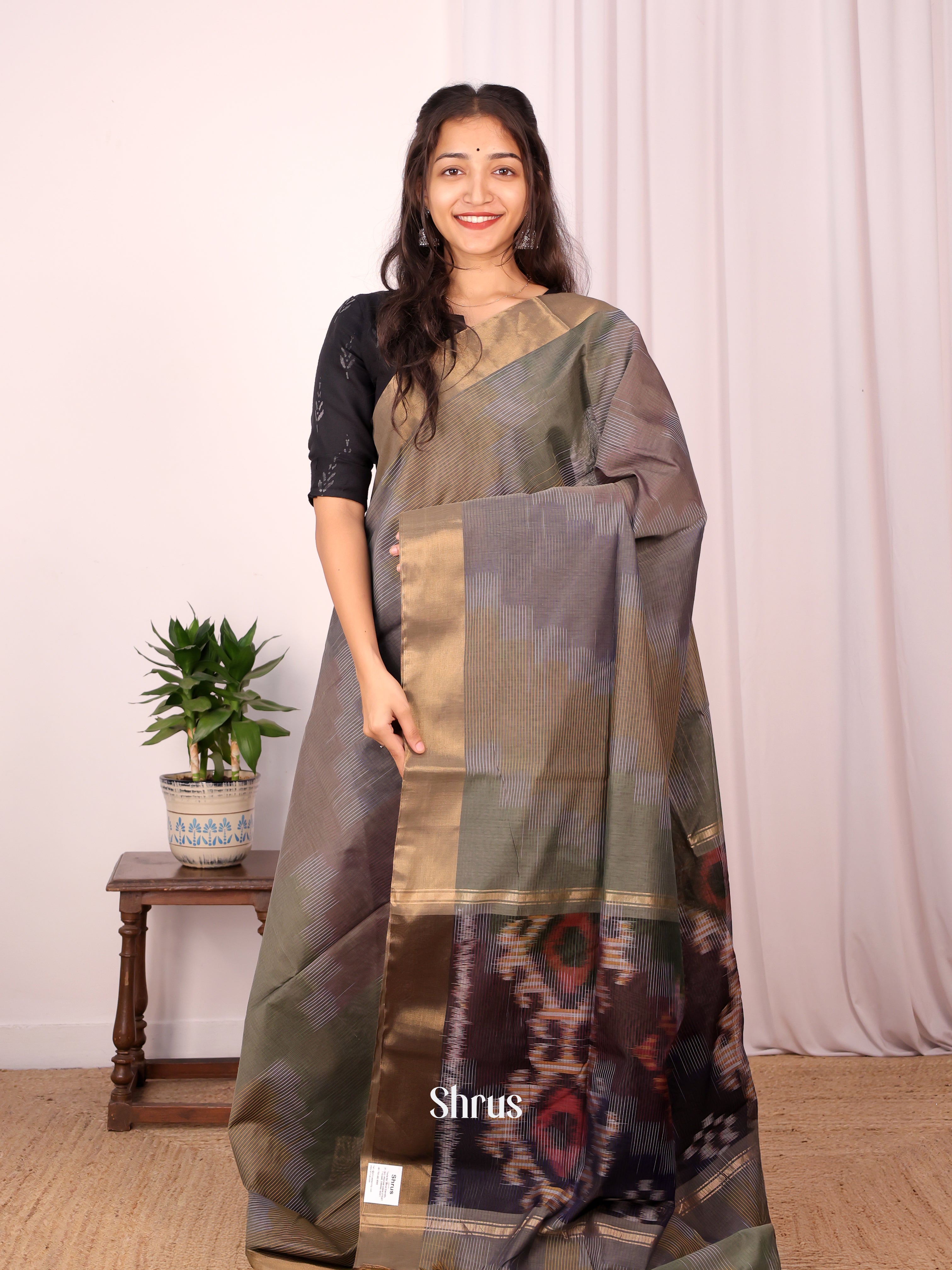 Green & Brown - Ikkat Kora Saree - Shop on Shrus.com
