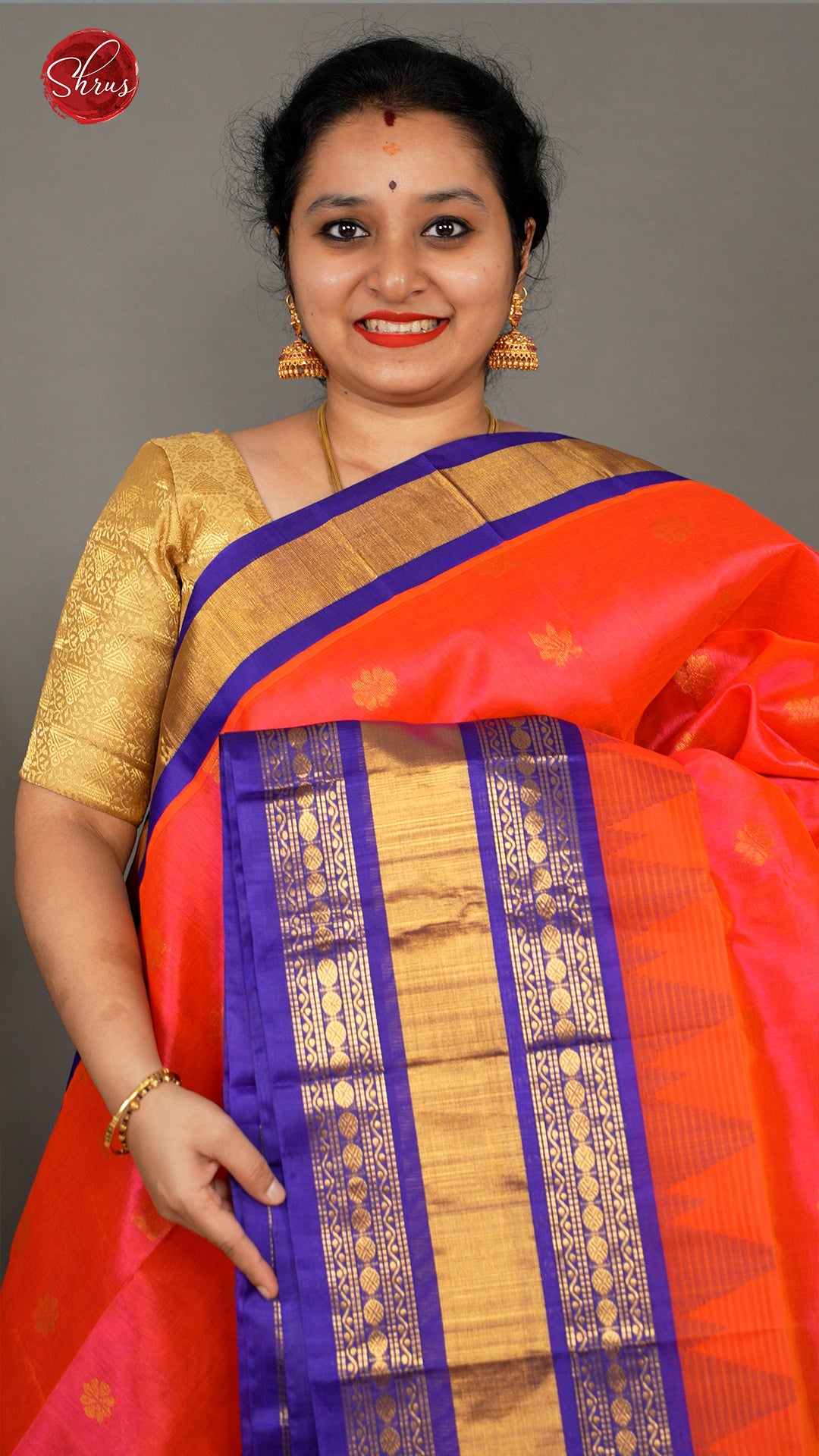 Peachish Pink & Blue - Silk Cotton Saree - Shop on ShrusEternity.com