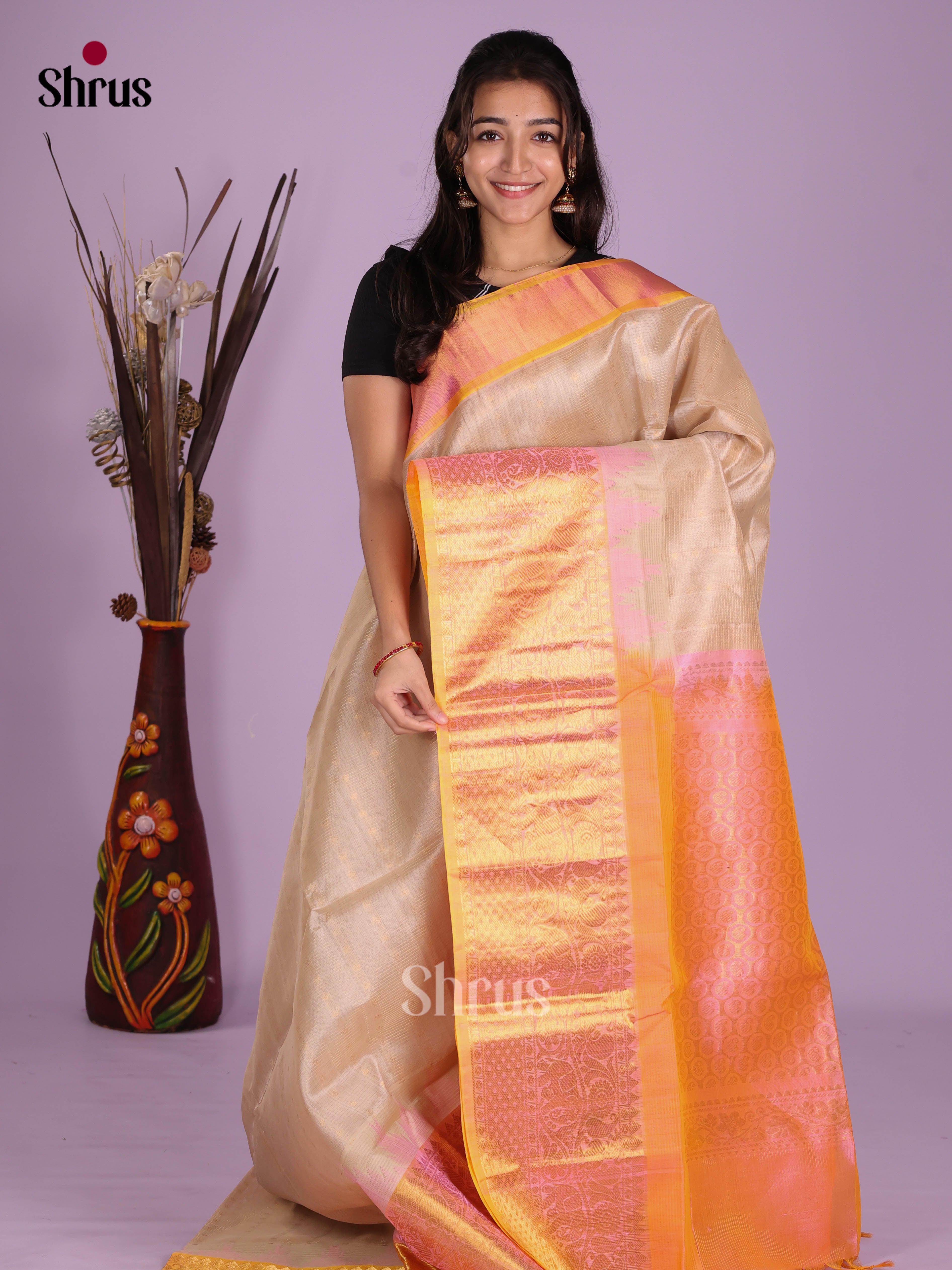 Beautiful cream & Mustard Silk Cotton Saree with rich traditional zari border - Shop on Shrus.com