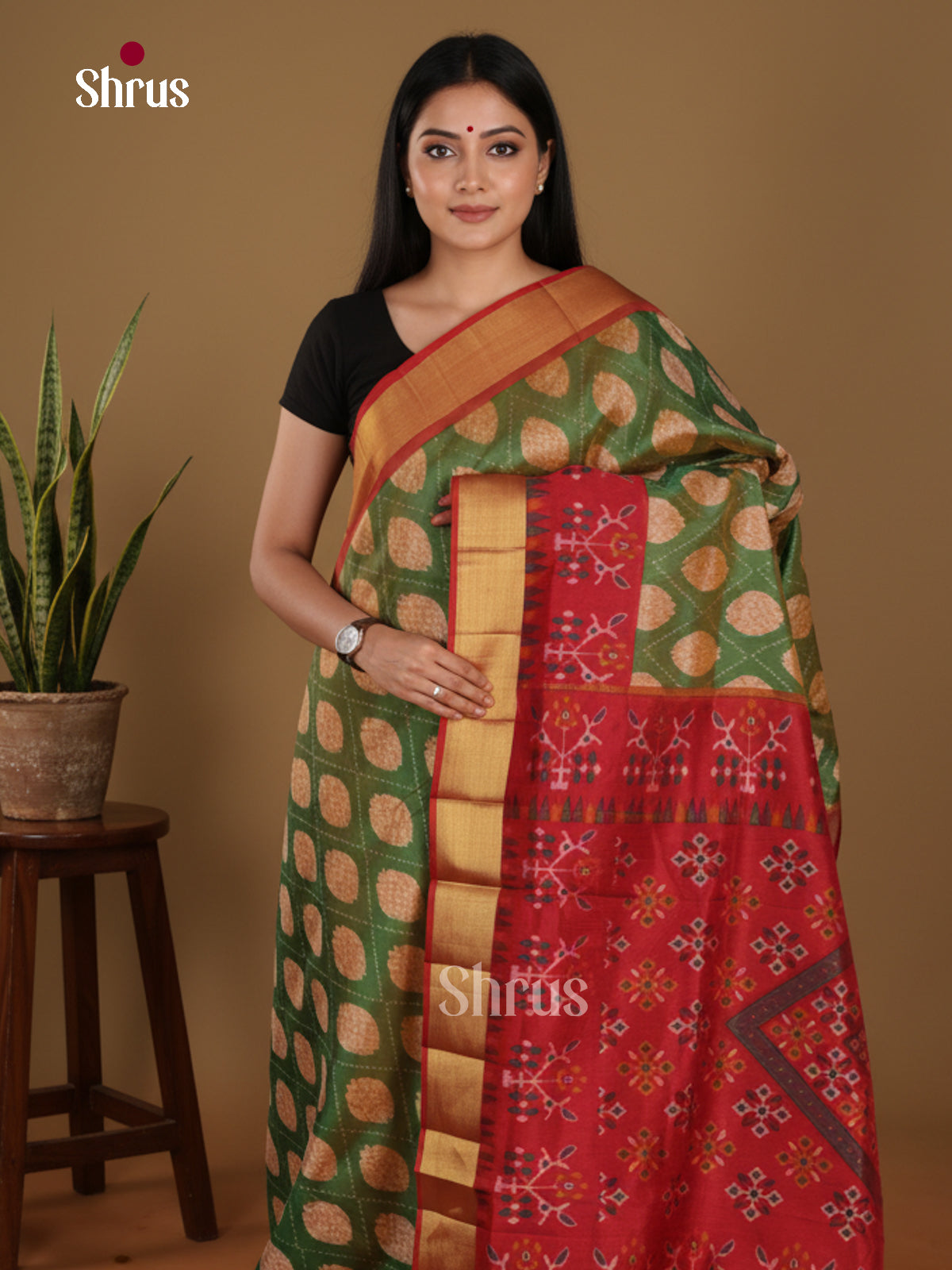 Green & Red- Semi Patola Saree