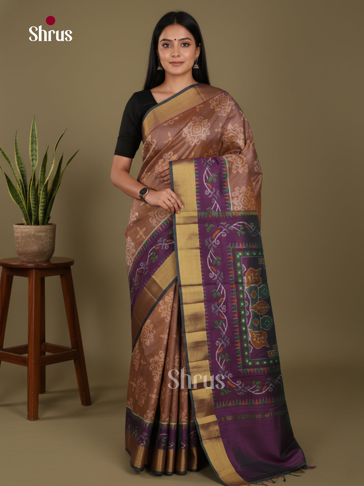 Brown & Violet - Semi Patola Saree - Shop on Shrus.com