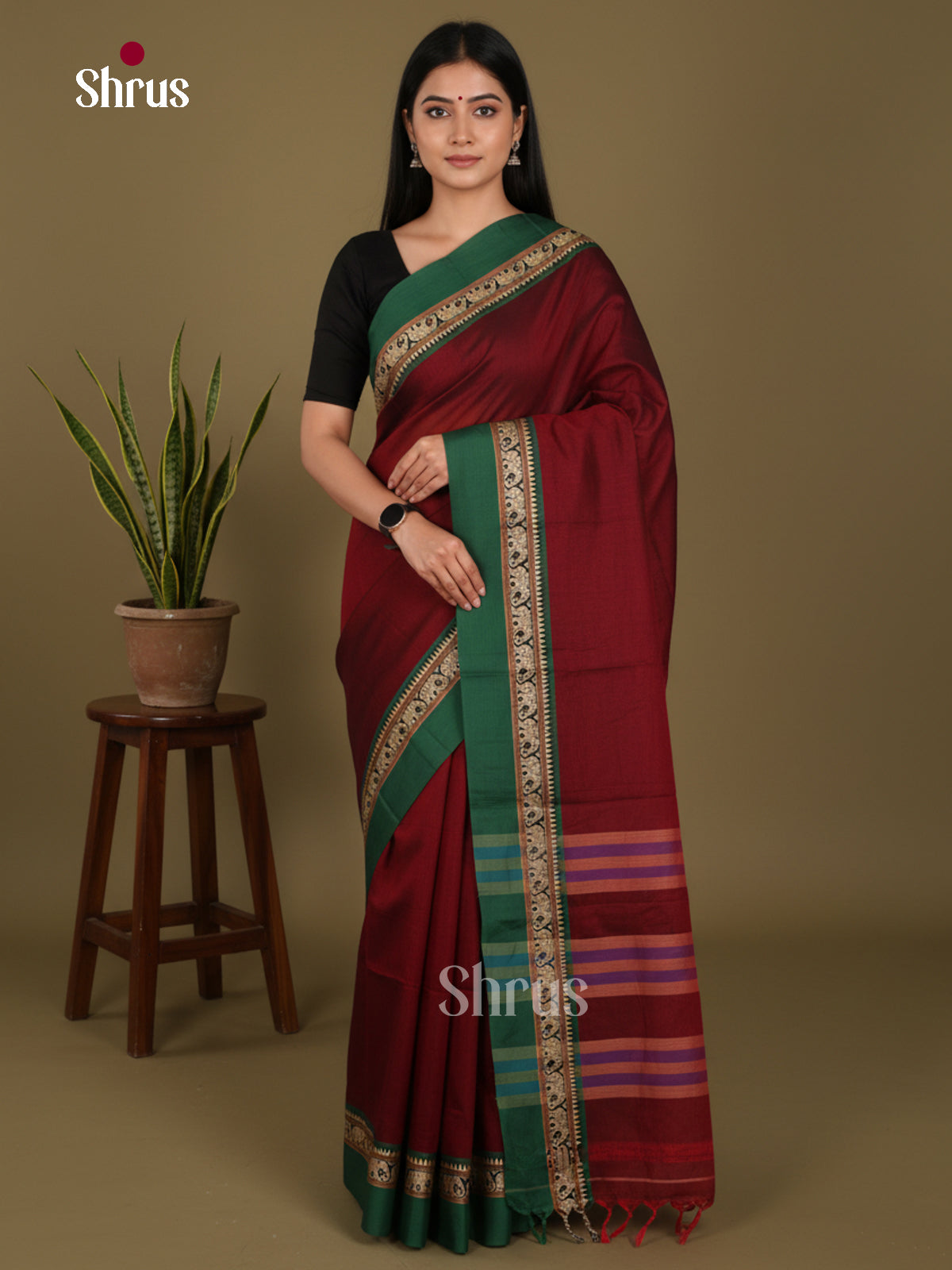 maroon & Green- Narayanpet Cotton Saree - Shop on Shrus.com