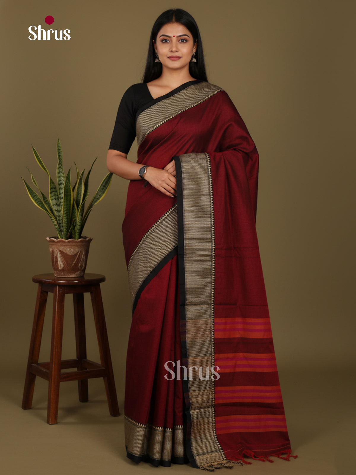 Maroon & Black- Narayanpet Cotton Saree - Shop on Shrus.com