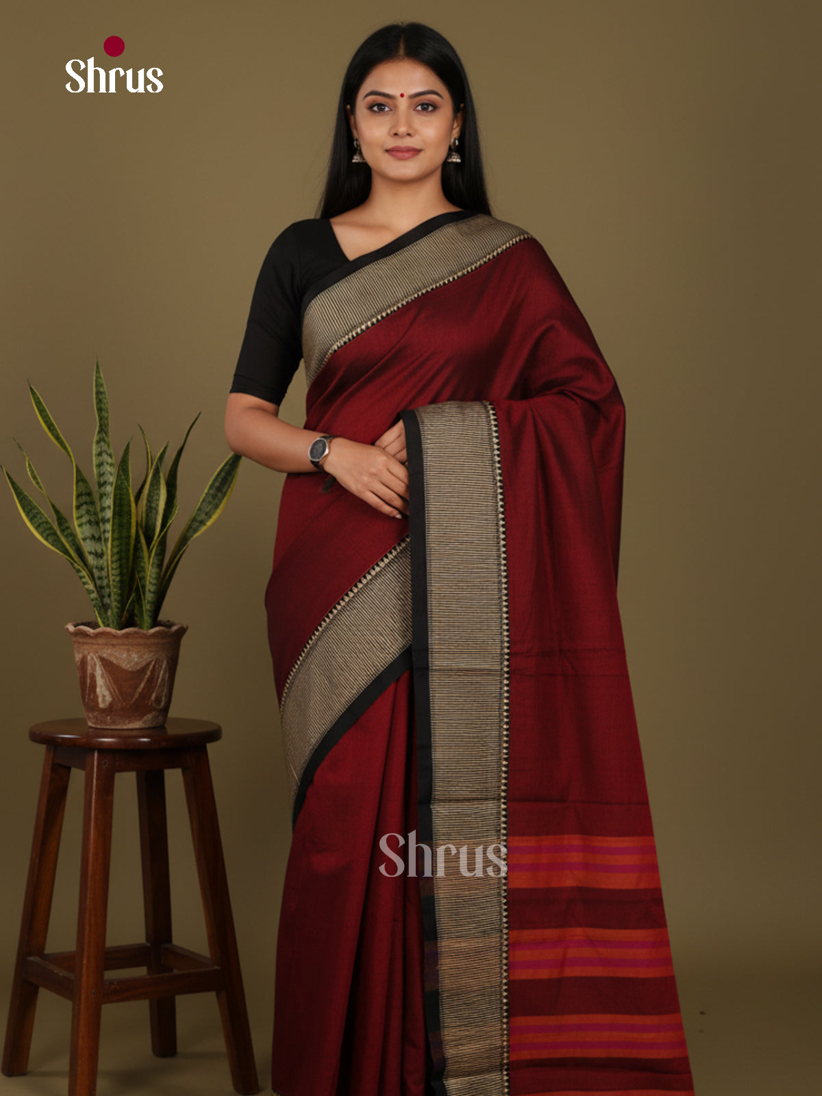 Maroon & Black- Narayanpet Cotton Saree - Shop on Shrus.com