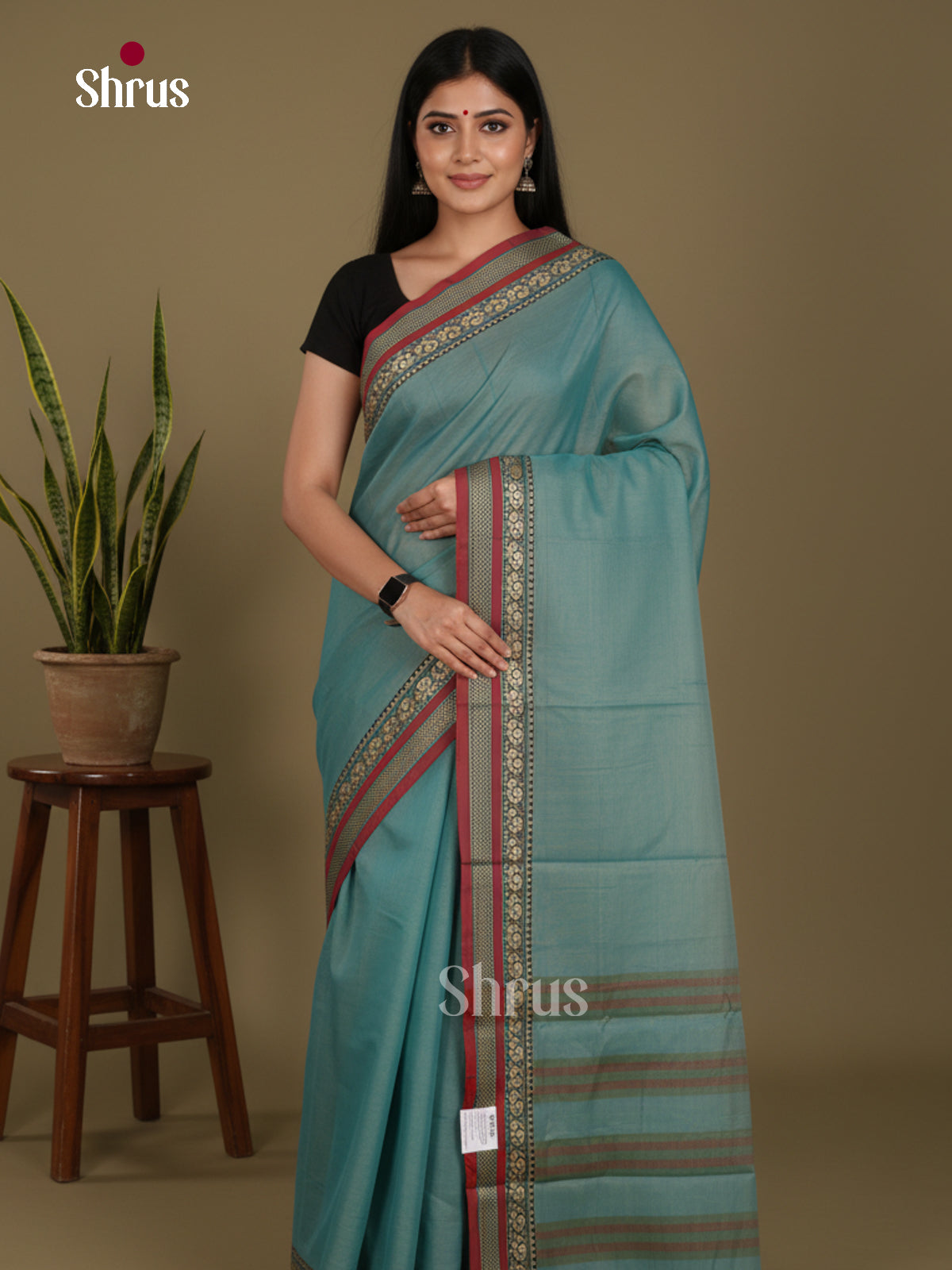Pastel Blue & Red- Narayanpet Cotton Saree - Shop on Shrus.com