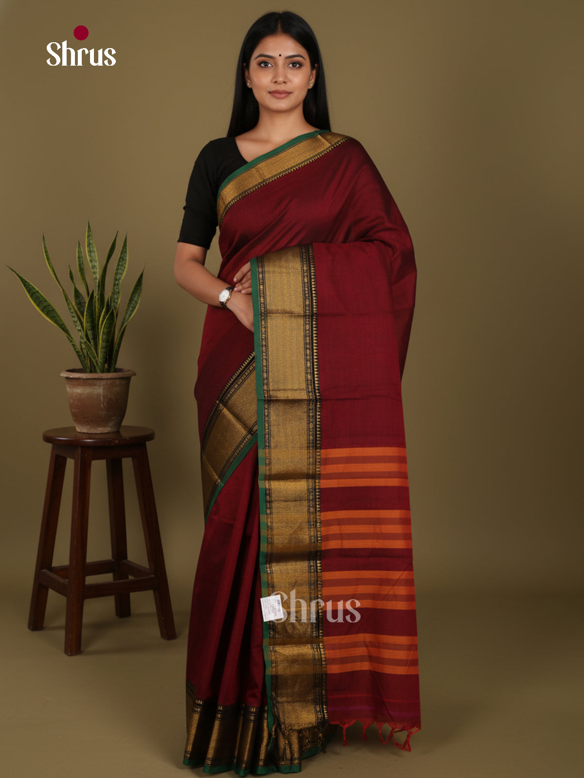 Maroon & Green - Narayanpet Cotton Saree - Shop on Shrus.com