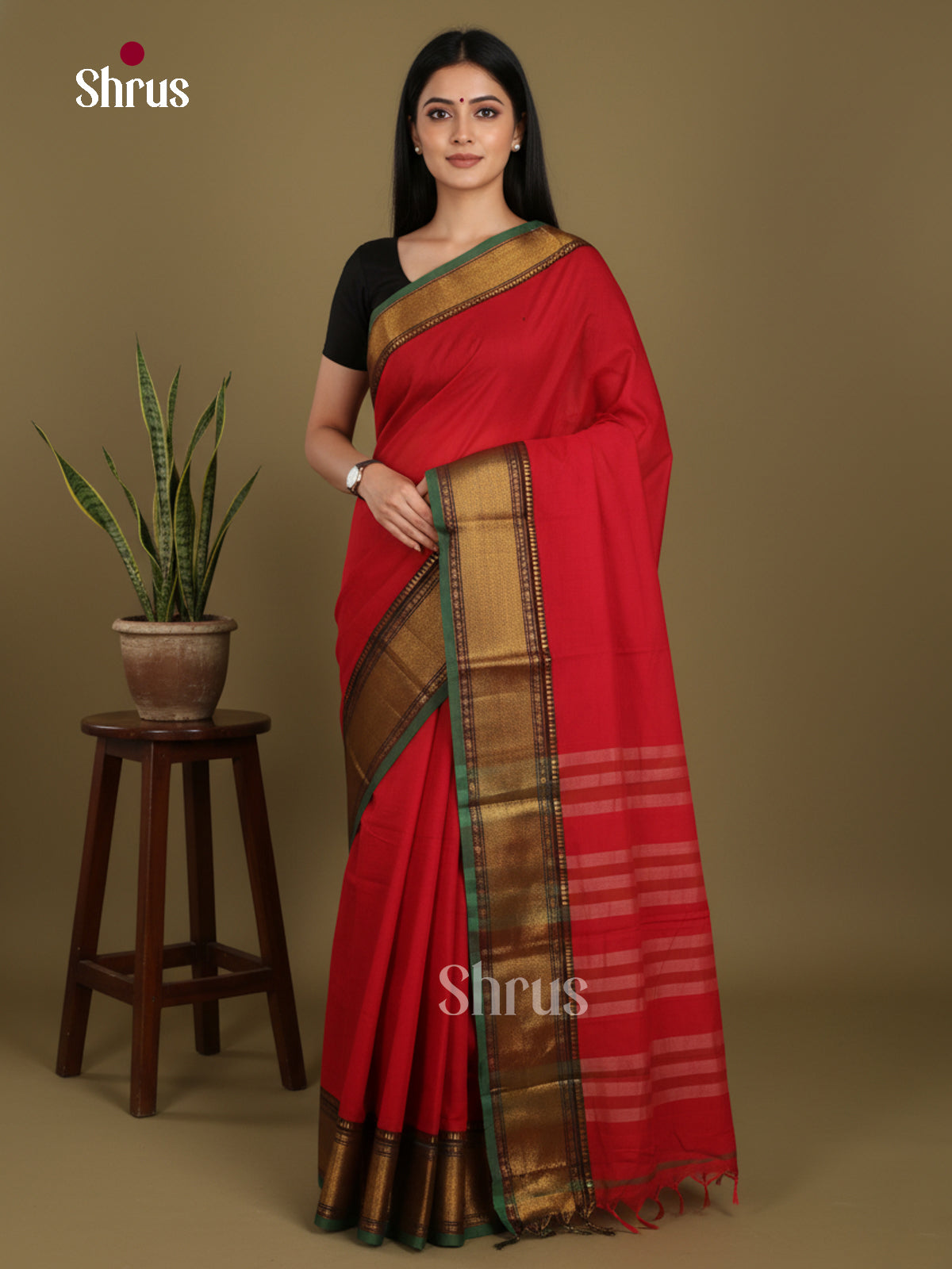 Red & Green - Narayanpet Cotton Saree - Shop on Shrus.com