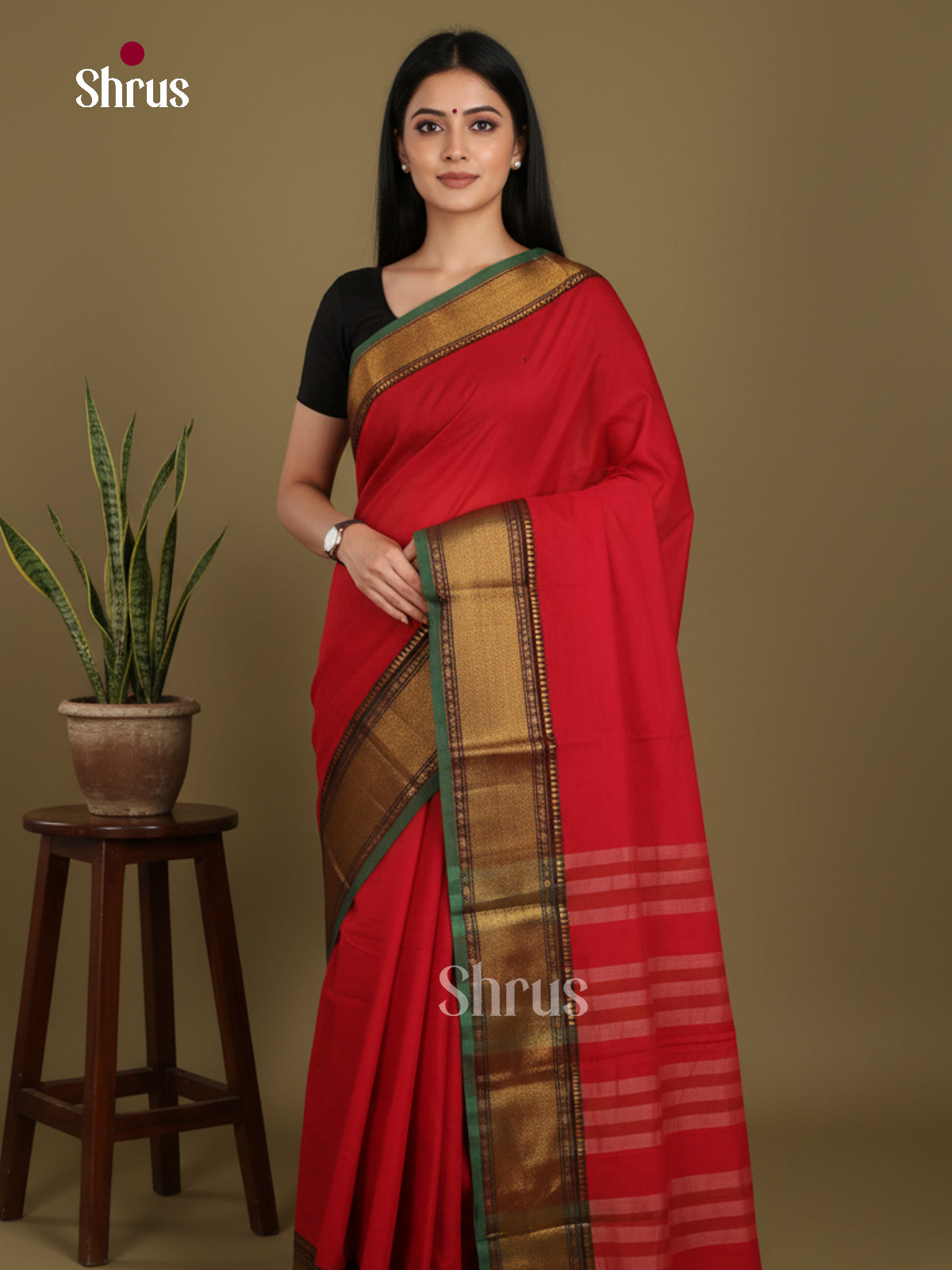 Red & Green - Narayanpet Cotton Saree - Shop on Shrus.com