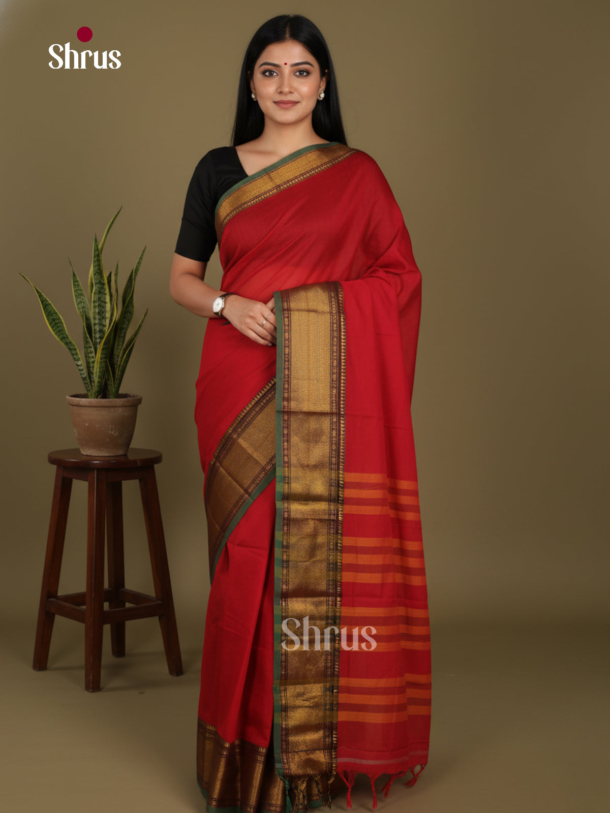 Red & Green - Narayanpet Cotton Saree - Shop on Shrus.com
