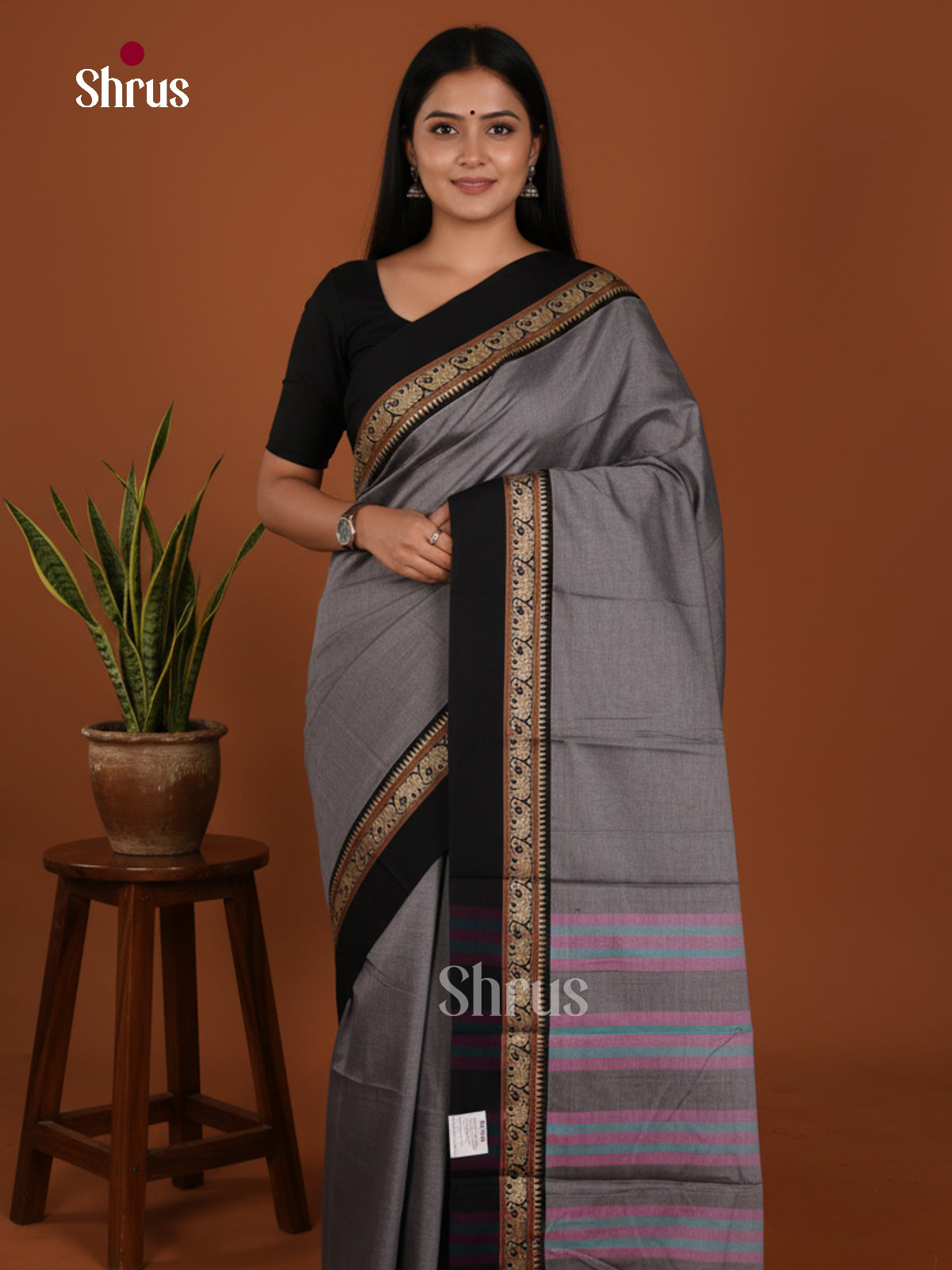 Grey & Black - Narayanpet Cotton Saree - Shop on Shrus.com