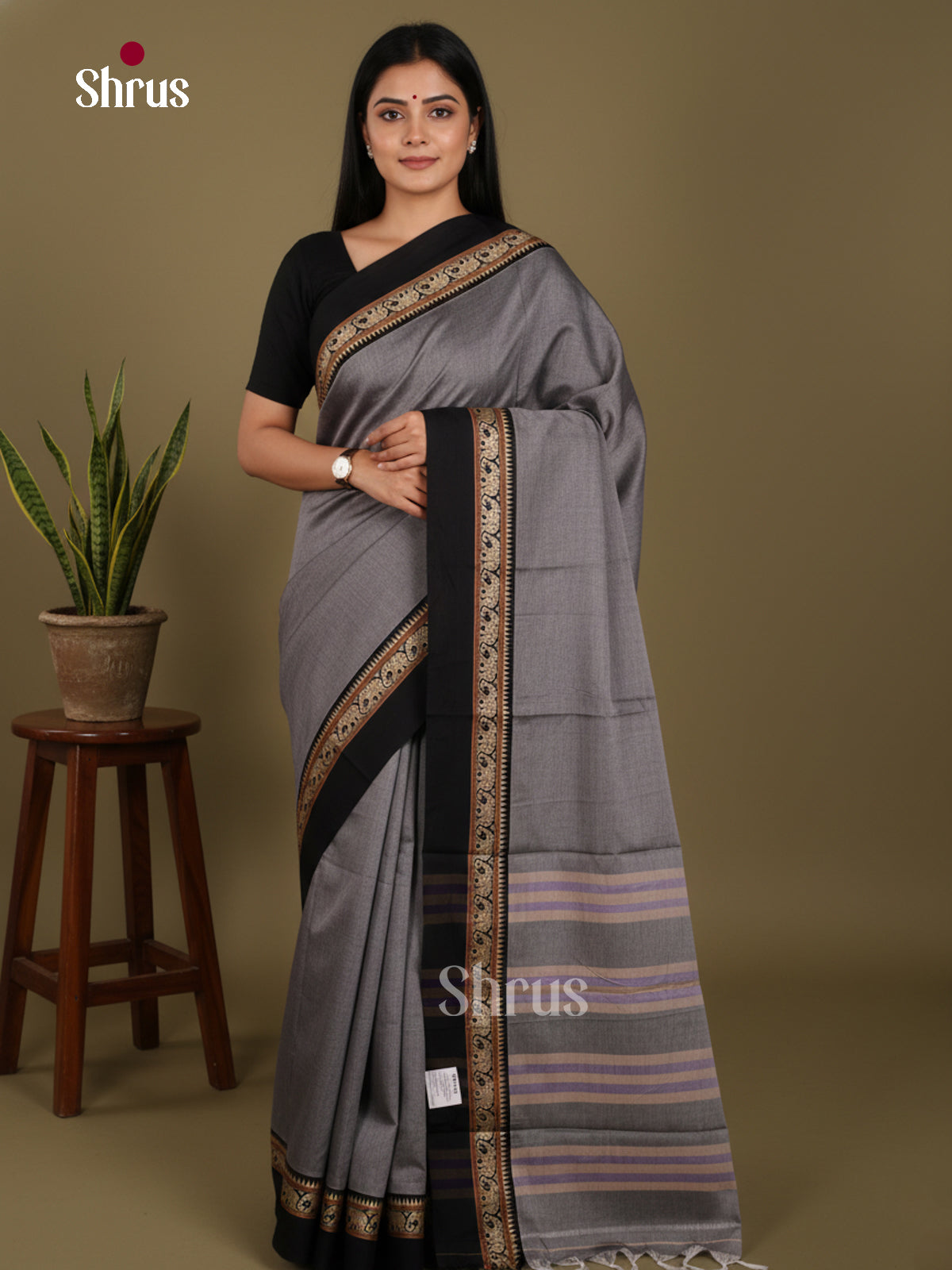 Grey & Black - Narayanpet Cotton Saree