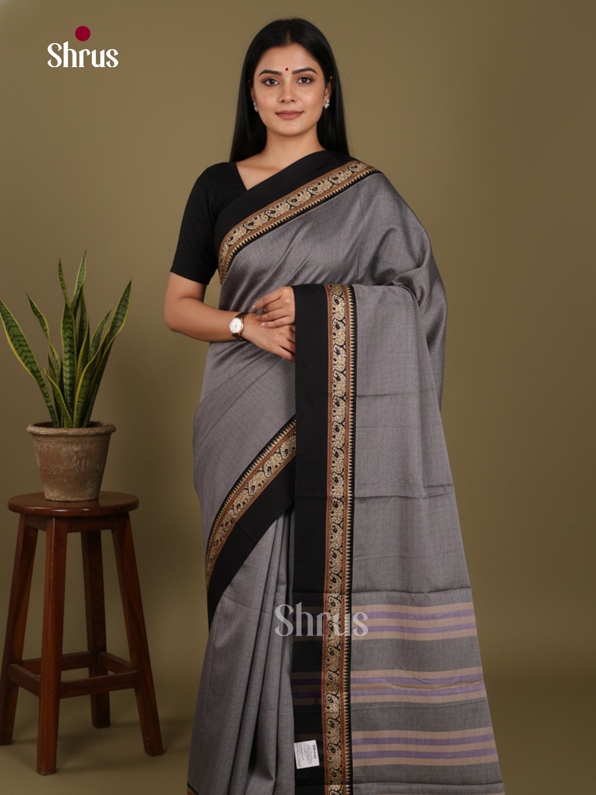 Grey & Black - Narayanpet Cotton Saree