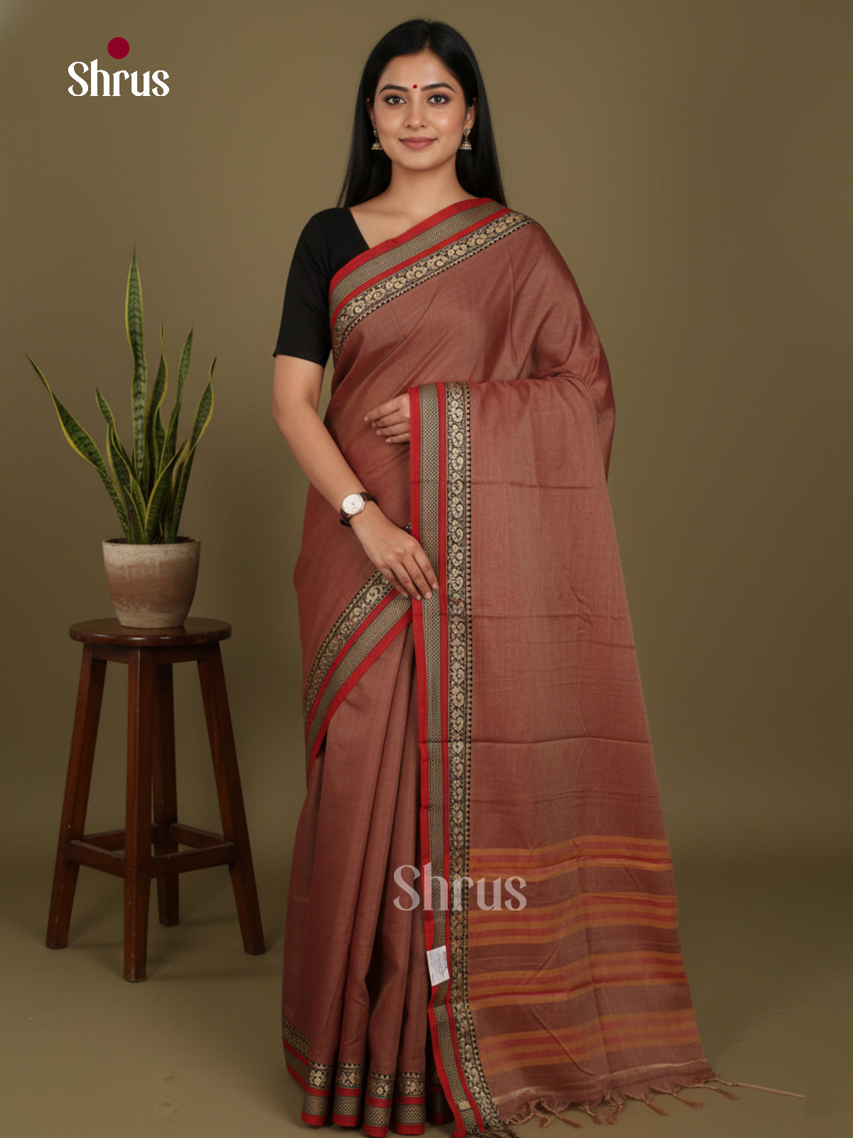 Brown & Red- Narayanpet Cotton Saree - Shop on Shrus.com