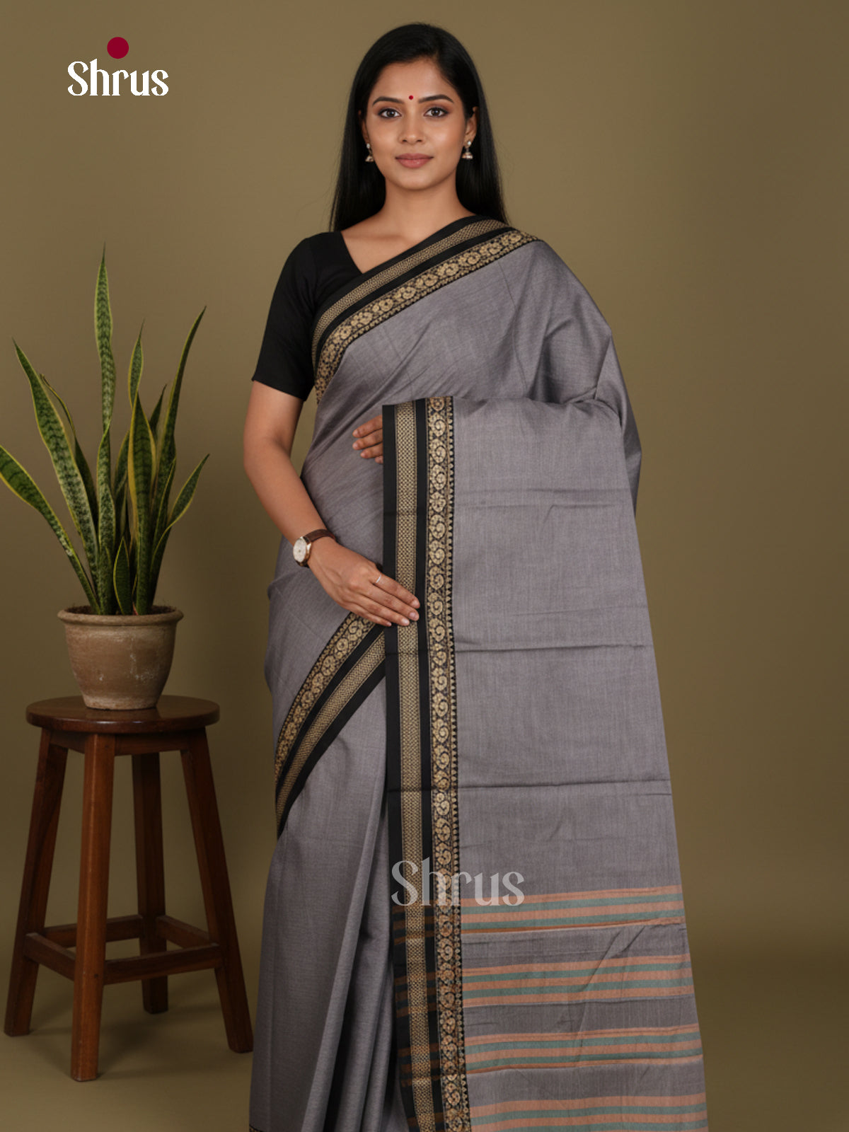 Grey & Black - Narayanpet Cotton Saree - Shop on Shrus.com