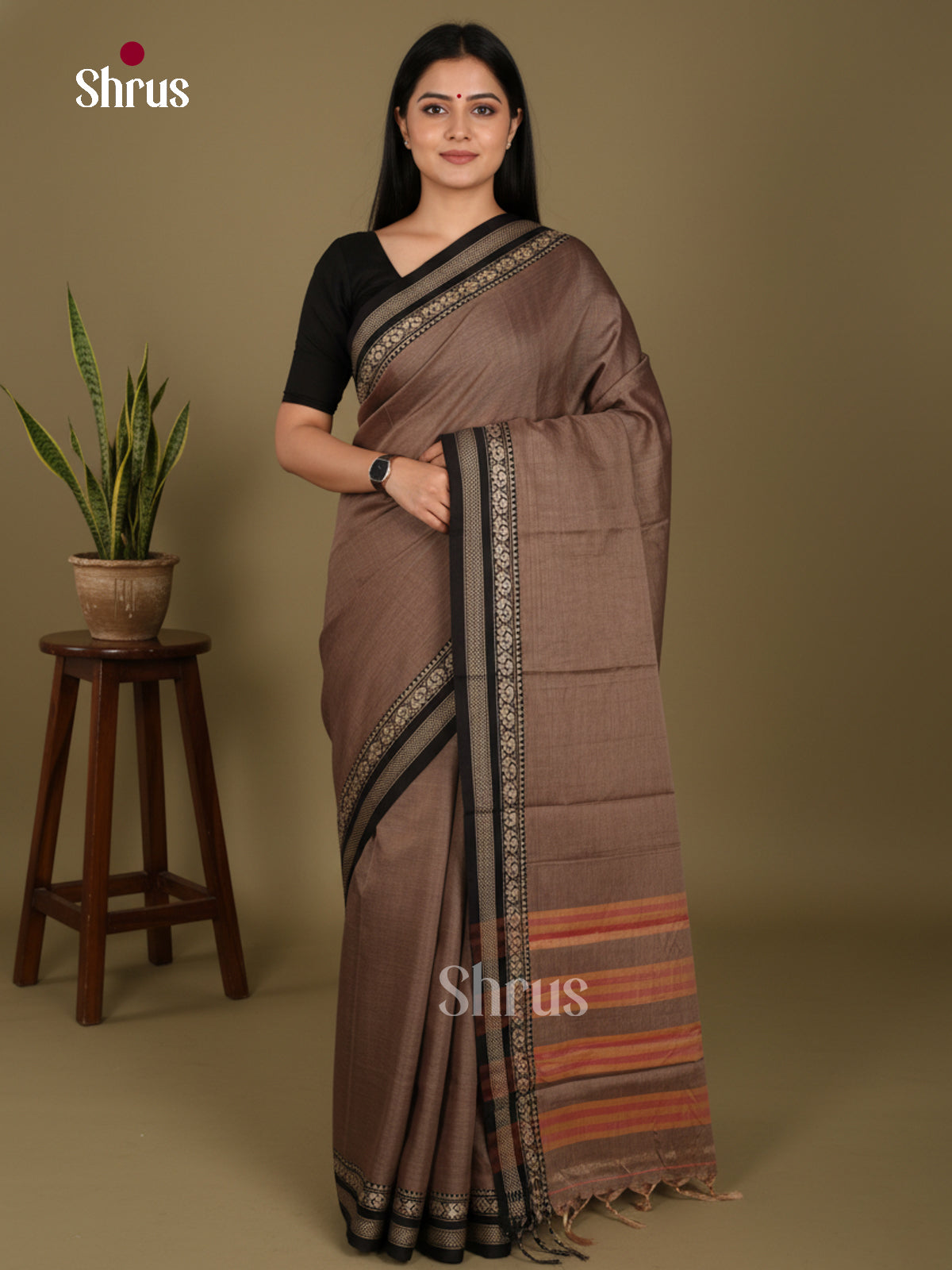 Light Brown & Black- Narayanpet Cotton Saree