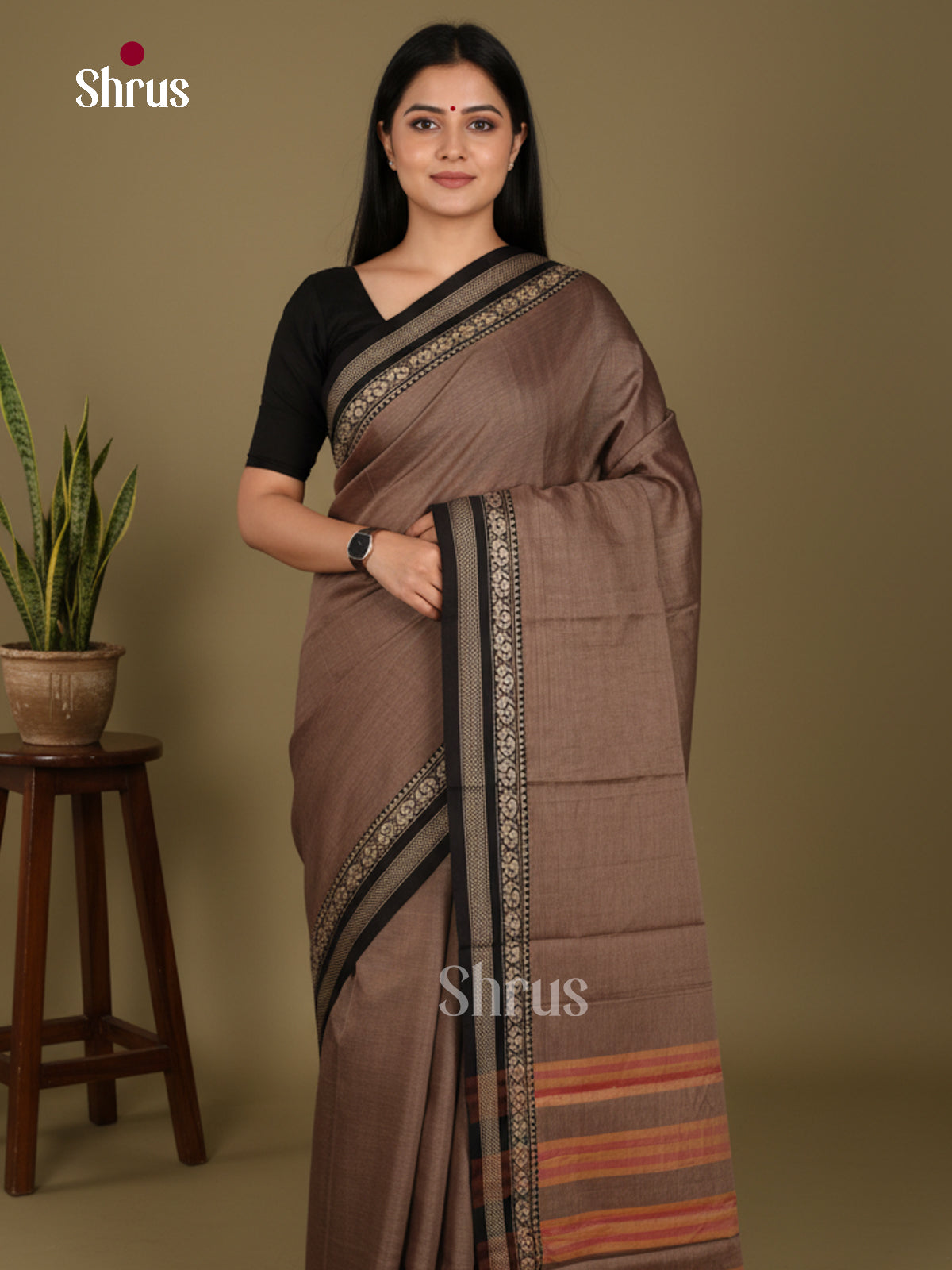 Light Brown & Black- Narayanpet Cotton Saree