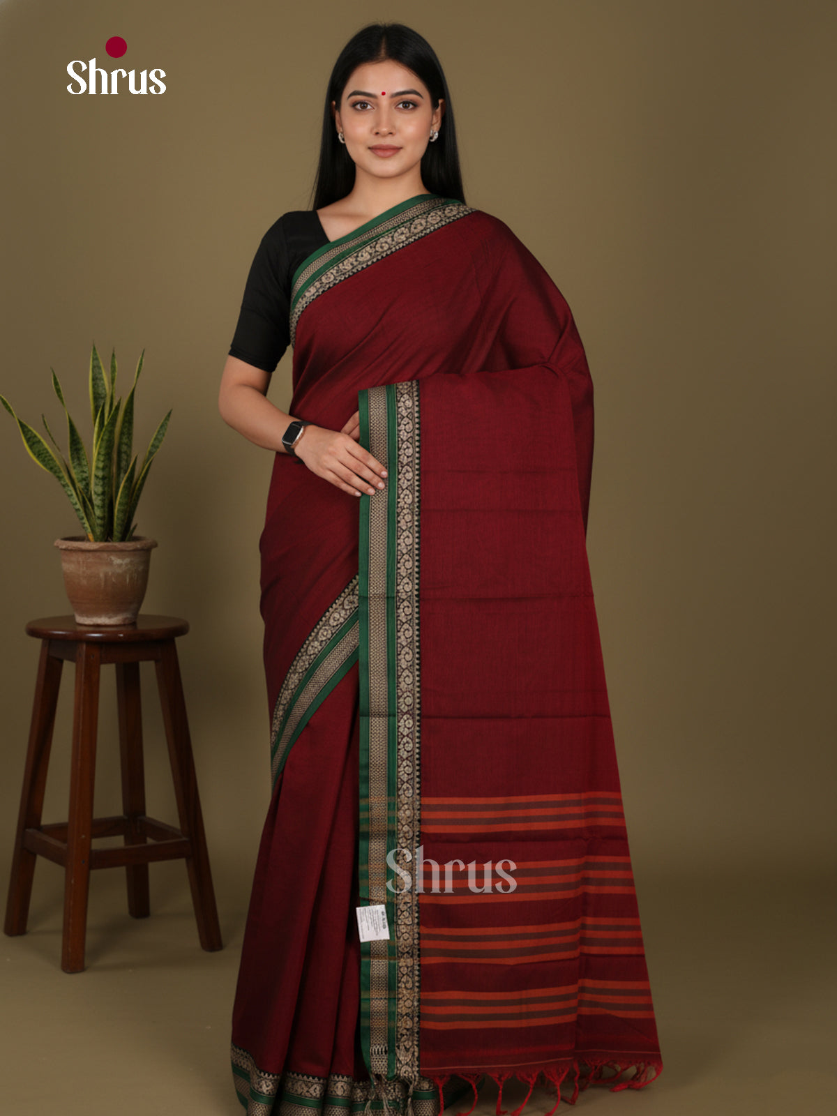 Maroon & Green - Narayanpet Cotton Saree - Shop on Shrus.com