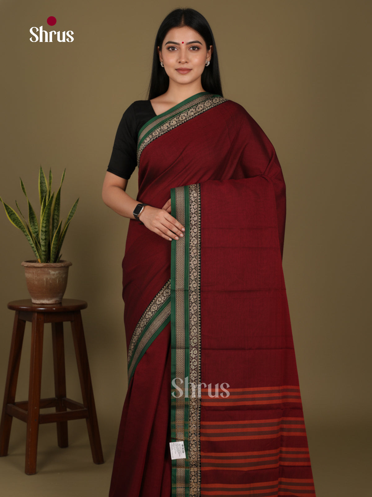 Maroon & Green - Narayanpet Cotton Saree - Shop on Shrus.com