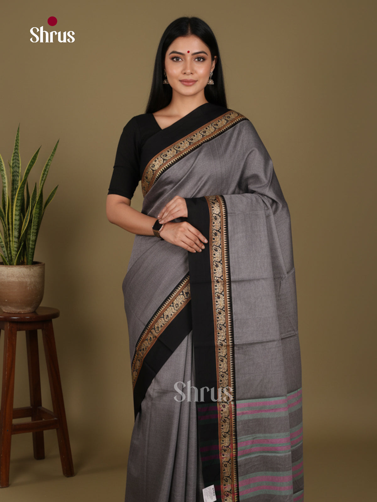 Grey & Black - Narayanpet Cotton Saree