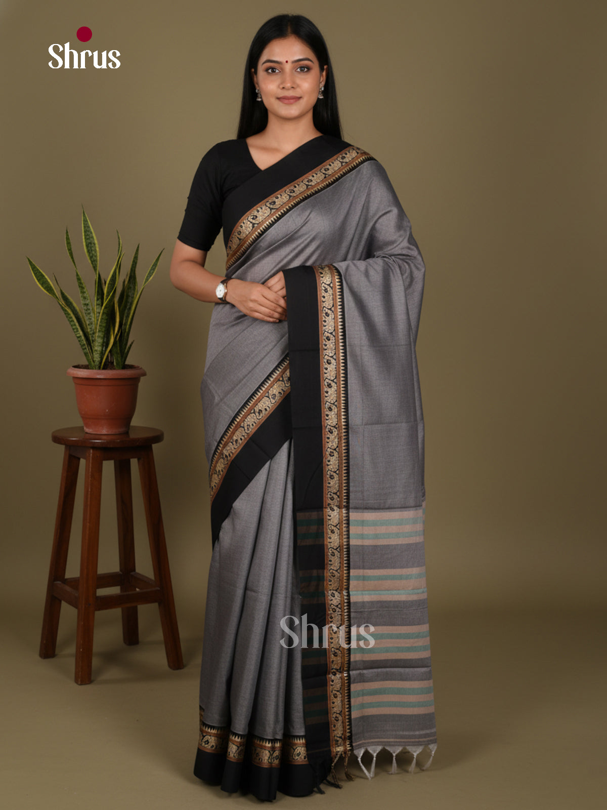 Grey & Black - Narayanpet Cotton Saree
